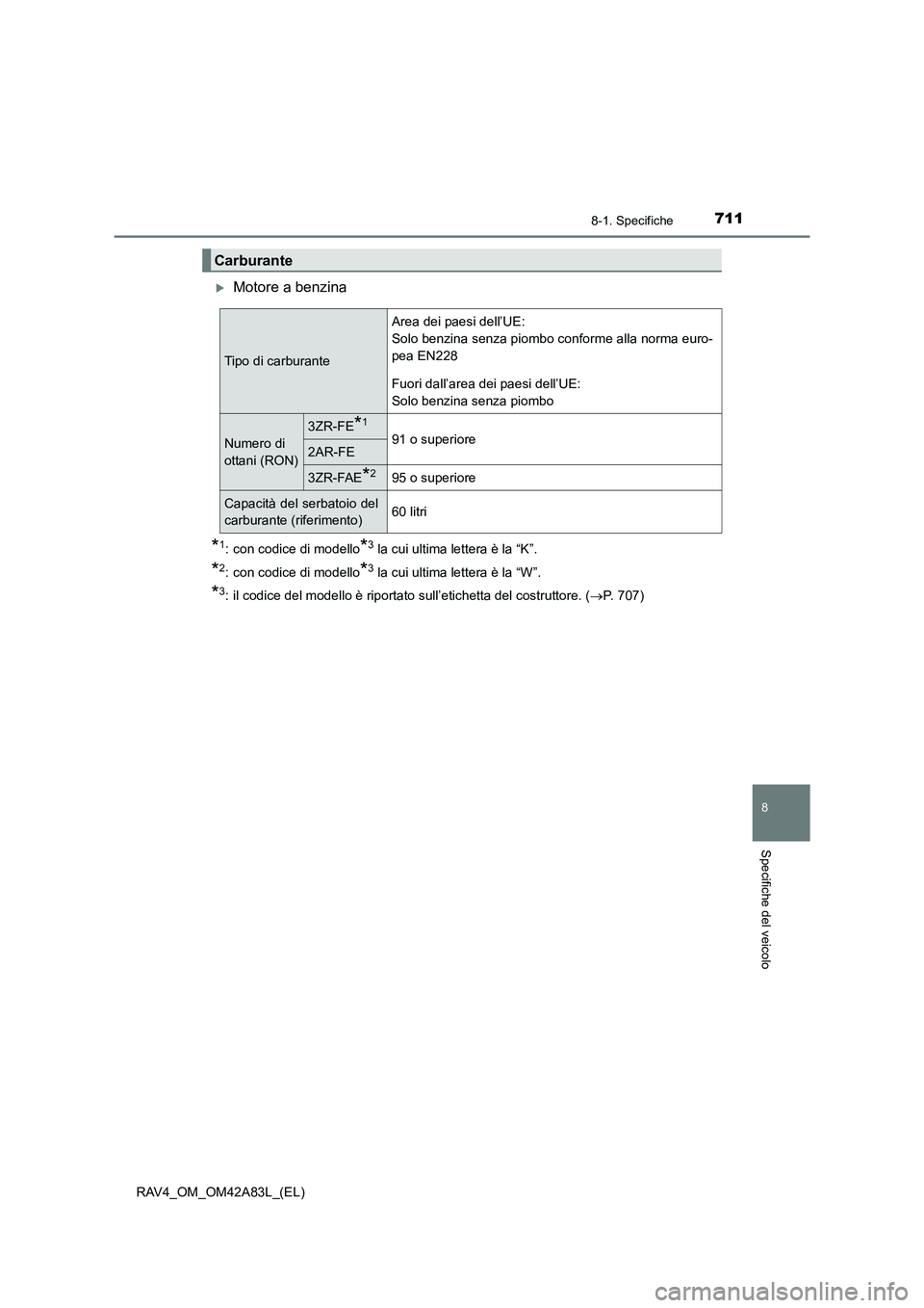 TOYOTA RAV4 2015  Manuale duso (in Italian) 711
8
8-1. Specifiche
Specifiche del veicolo
RAV4_OM_OM42A83L_(EL)
�XMotore a benzina
*1: con codice di modello*3 la cui ultima lettera è la “K”.
*2: con codice di modello*3 la cui ultima lettera