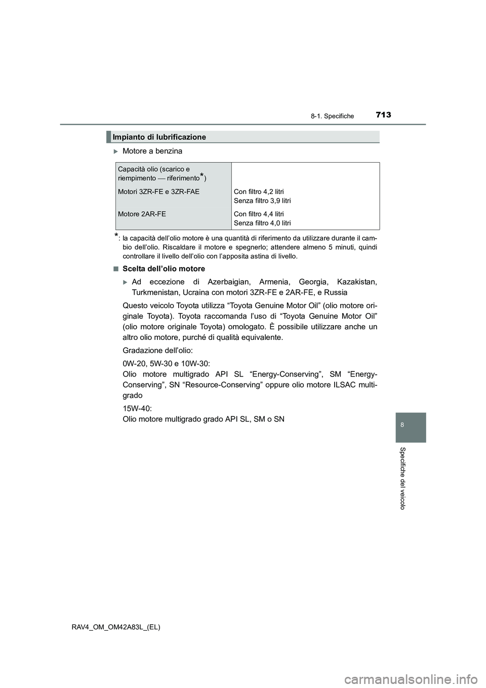TOYOTA RAV4 2015  Manuale duso (in Italian) 713
8
8-1. Specifiche
Specifiche del veicolo
RAV4_OM_OM42A83L_(EL)
�XMotore a benzina
*: la capacità dell’olio motore è una quantità di riferimento da utilizzare durante il cam-bio dell’olio. R