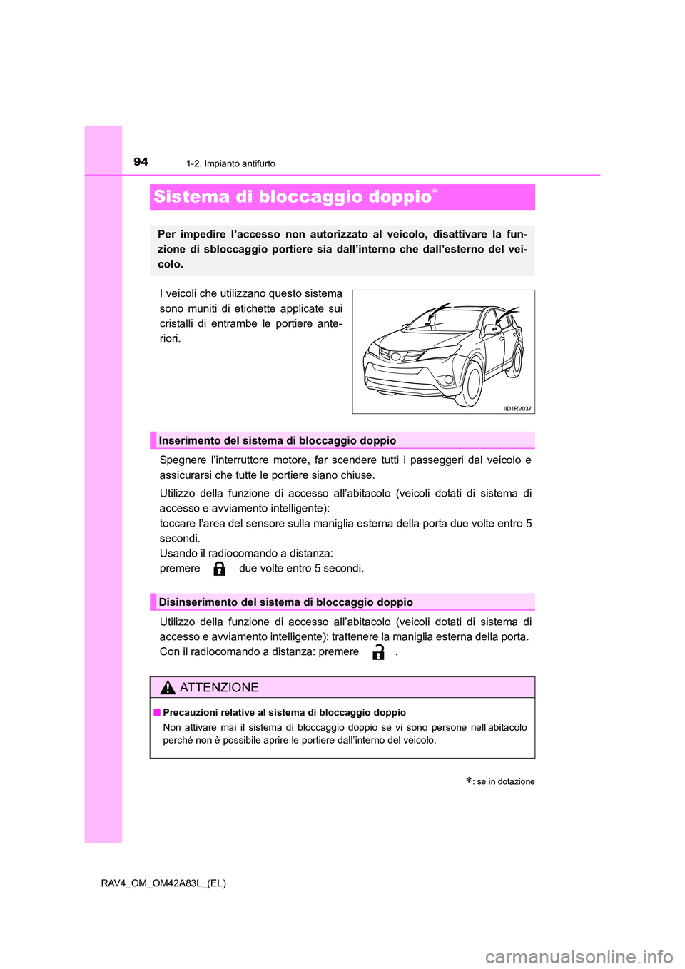 TOYOTA RAV4 2015 Manuale duso (in Italian) 941-2. Impianto antifurto
RAV4_OM_OM42A83L_(EL)
Sistema di bloccaggio doppio∗
I veicoli che utilizzano questo sistema
sono muniti di etichette applicate sui
cristalli di entrambe le portiere ante-
r TOYOTA RAV4 2015 Manuale duso (in Italian) 941-2. Impianto antifurto
RAV4_OM_OM42A83L_(EL)
Sistema di bloccaggio doppio∗
I veicoli che utilizzano questo sistema
sono muniti di etichette applicate sui
cristalli di entrambe le portiere ante-
r