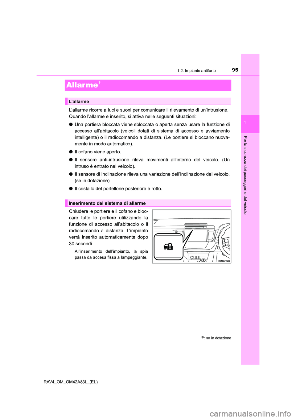 TOYOTA RAV4 2015 Manuale duso (in Italian) 95
1
1-2. Impianto antifurto
RAV4_OM_OM42A83L_(EL)
Per la sicurezza dei passeggeri e del veicolo
Allar me∗
L’allarme ricorre a luci e suoni per comunicare il rilevamento di un’intrusione.
Quand TOYOTA RAV4 2015 Manuale duso (in Italian) 95
1
1-2. Impianto antifurto
RAV4_OM_OM42A83L_(EL)
Per la sicurezza dei passeggeri e del veicolo
Allar me∗
L’allarme ricorre a luci e suoni per comunicare il rilevamento di un’intrusione.
Quand