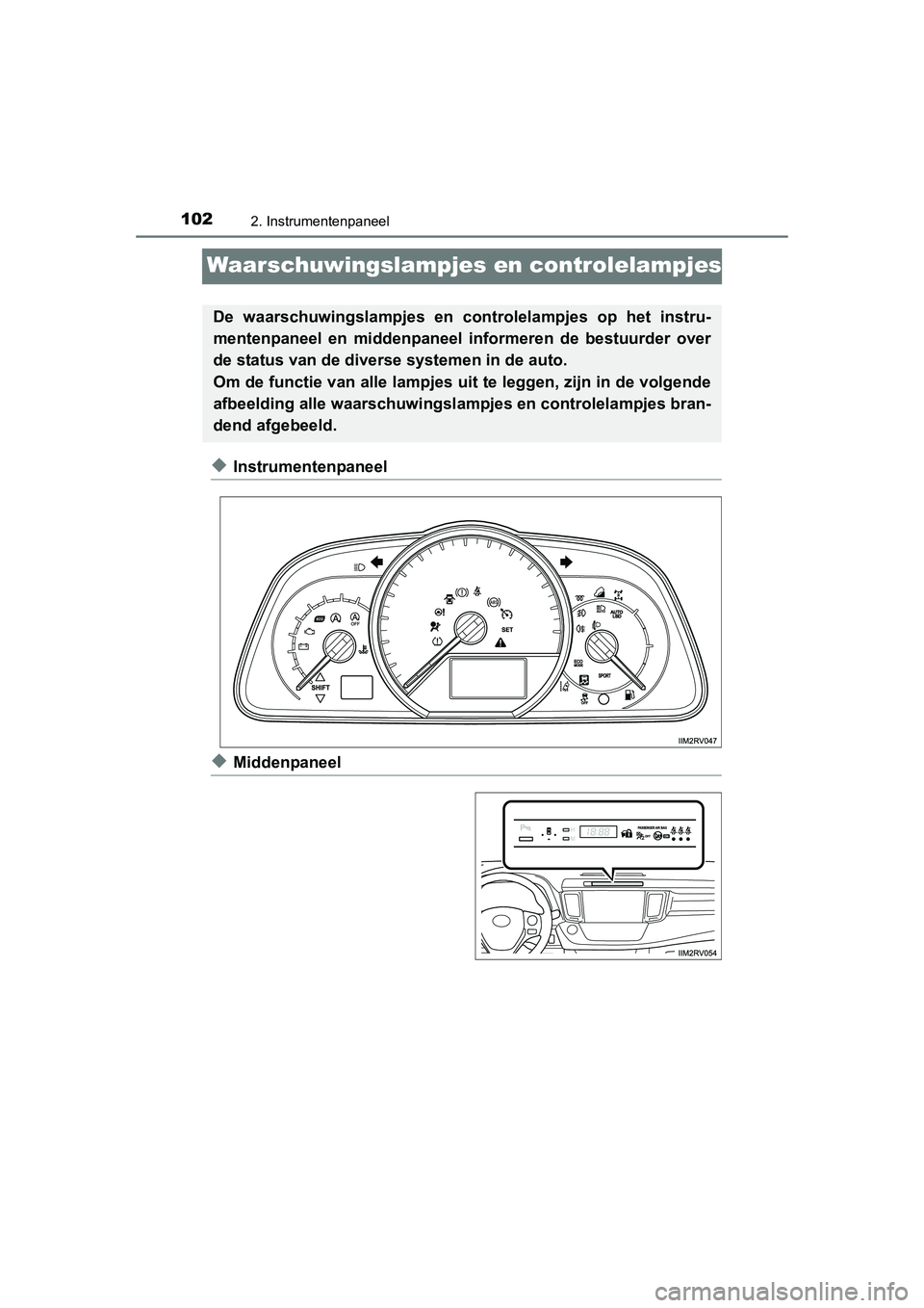 TOYOTA RAV4 2015 Instructieboekje (in Dutch) 1022. Instrumentenpaneel
RAV4_OM_OM42A79E_(EE)
Waarschuwingslampjes en controlelampjes
◆Instrumentenpaneel
◆Middenpaneel
De waarschuwingslampjes en controlelampjes op het instru-
mentenpaneel en m TOYOTA RAV4 2015 Instructieboekje (in Dutch) 1022. Instrumentenpaneel
RAV4_OM_OM42A79E_(EE)
Waarschuwingslampjes en controlelampjes
◆Instrumentenpaneel
◆Middenpaneel
De waarschuwingslampjes en controlelampjes op het instru-
mentenpaneel en m