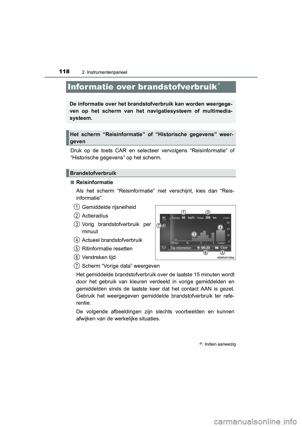 TOYOTA RAV4 2015 Instructieboekje (in Dutch) 1182. Instrumentenpaneel
RAV4_OM_OM42A79E_(EE)
Infor matie over brandstofverbruik∗
Druk op de toets CAR en selecteer vervolgens “Reisinformatie” of
“Historische gegevens” op het scherm.
■R TOYOTA RAV4 2015 Instructieboekje (in Dutch) 1182. Instrumentenpaneel
RAV4_OM_OM42A79E_(EE)
Infor matie over brandstofverbruik∗
Druk op de toets CAR en selecteer vervolgens “Reisinformatie” of
“Historische gegevens” op het scherm.
■R