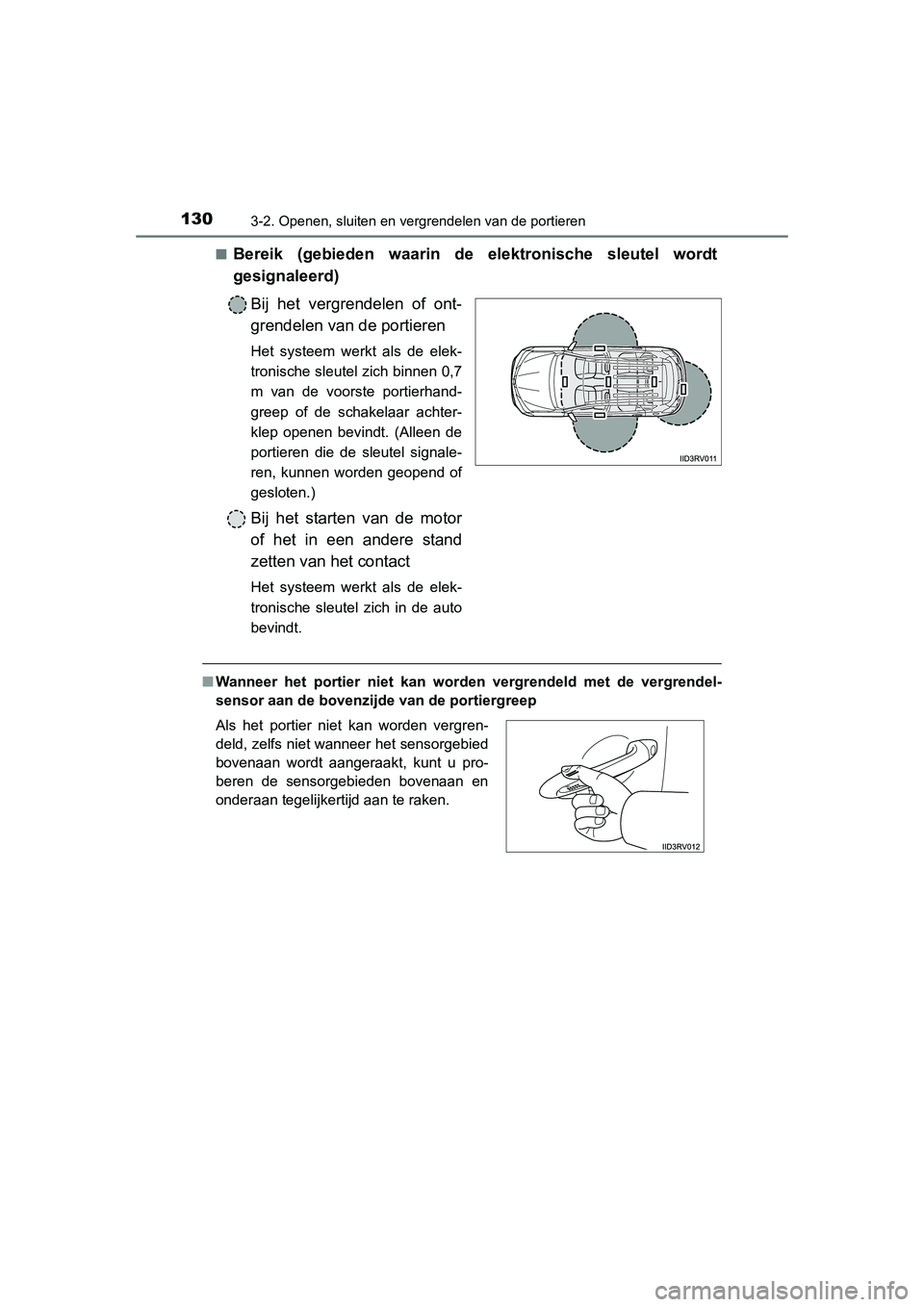 TOYOTA RAV4 2015  Instructieboekje (in Dutch) 1303-2. Openen, sluiten en vergrendelen van de portieren
RAV4_OM_OM42A79E_(EE)■
Bereik (gebieden waarin de elektronische sleutel wordt
gesignaleerd)
Bij het vergrendelen of ont-
grendelen van de por