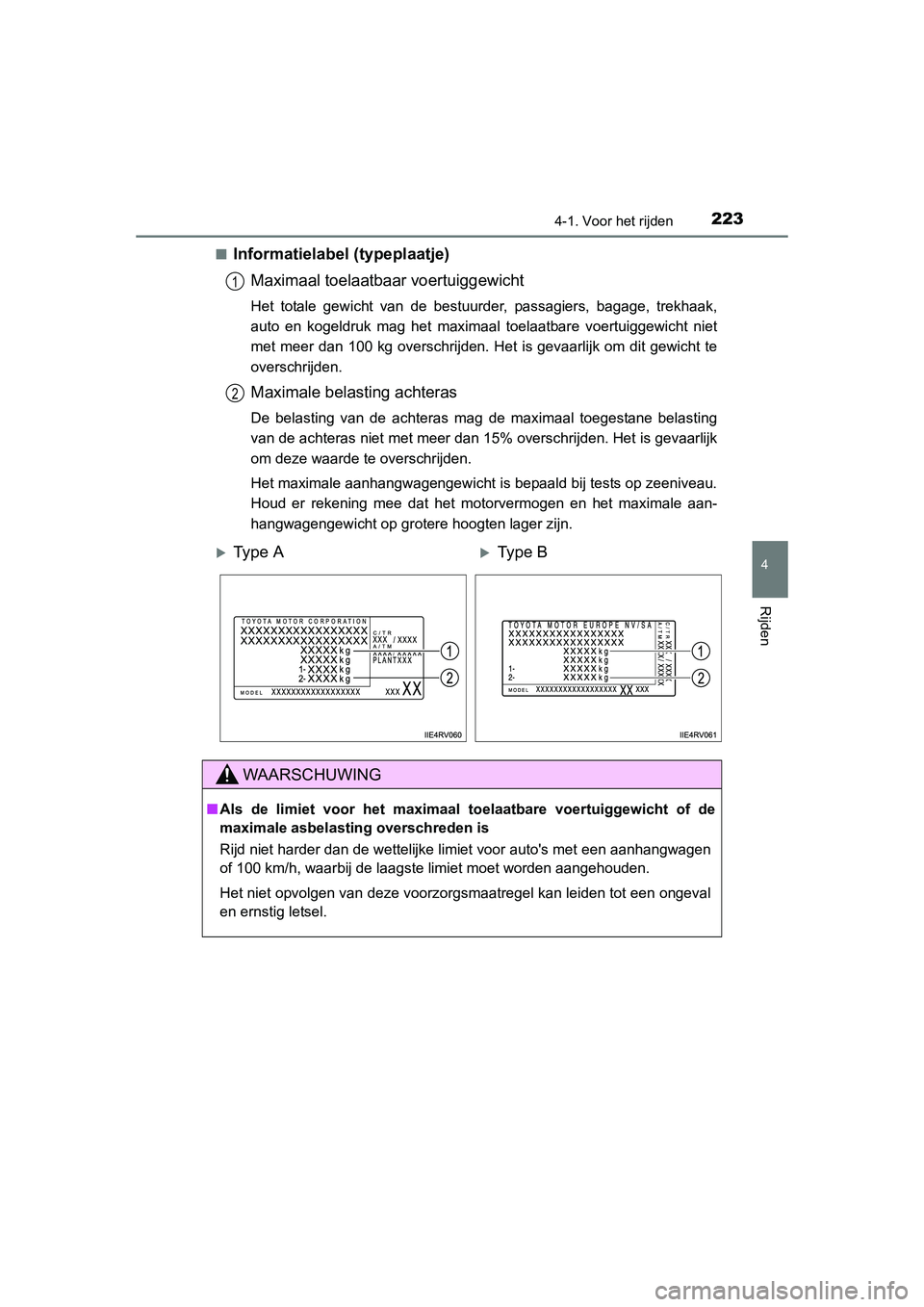 TOYOTA RAV4 2015 Instructieboekje (in Dutch) 2234-1. Voor het rijden
4
Rijden
RAV4_OM_OM42A79E_(EE)■
Informatielabel (typeplaatje)
Maximaal toelaatbaar voertuiggewicht
Het totale gewicht van de bestuurder, passagiers, bagage, trekhaak,
auto en TOYOTA RAV4 2015 Instructieboekje (in Dutch) 2234-1. Voor het rijden
4
Rijden
RAV4_OM_OM42A79E_(EE)■
Informatielabel (typeplaatje)
Maximaal toelaatbaar voertuiggewicht
Het totale gewicht van de bestuurder, passagiers, bagage, trekhaak,
auto en