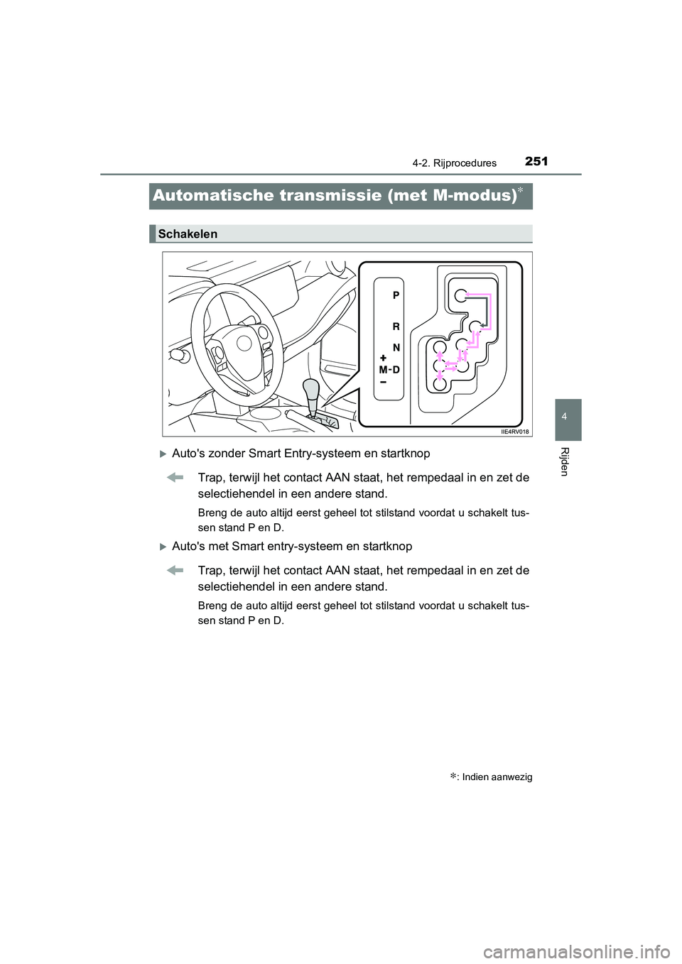 TOYOTA RAV4 2015 Instructieboekje (in Dutch) 251
4
4-2. Rijprocedures
Rijden
RAV4_OM_OM42A79E_(EE)
Automatische transmissie (met M-modus)∗
Autos zonder Smart Entry-systeem en startknop
Trap, terwijl het contact AAN staat, het rempedaal in TOYOTA RAV4 2015 Instructieboekje (in Dutch) 251
4
4-2. Rijprocedures
Rijden
RAV4_OM_OM42A79E_(EE)
Automatische transmissie (met M-modus)∗
Autos zonder Smart Entry-systeem en startknop
Trap, terwijl het contact AAN staat, het rempedaal in