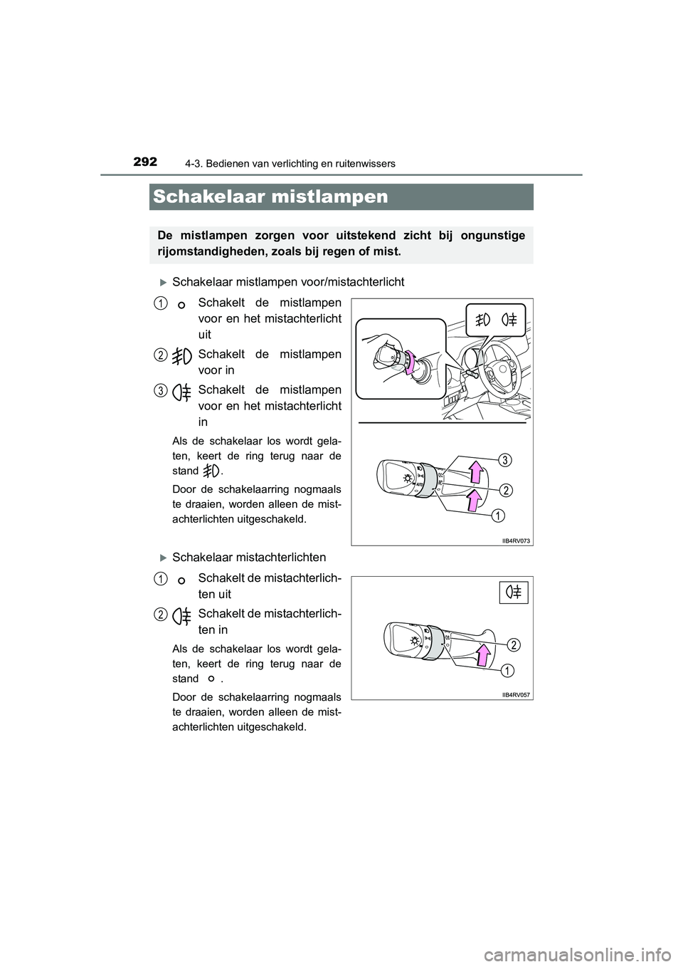 TOYOTA RAV4 2015 Instructieboekje (in Dutch) 2924-3. Bedienen van verlichting en ruitenwissers
RAV4_OM_OM42A79E_(EE)
Schakelaar mistlampen
Schakelaar mistlampen voor/mistachterlichtSchakelt de mistlampen
voor en het mistachterlicht
uit
Schake TOYOTA RAV4 2015 Instructieboekje (in Dutch) 2924-3. Bedienen van verlichting en ruitenwissers
RAV4_OM_OM42A79E_(EE)
Schakelaar mistlampen
Schakelaar mistlampen voor/mistachterlichtSchakelt de mistlampen
voor en het mistachterlicht
uit
Schake