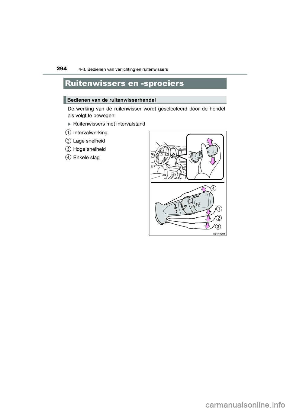 TOYOTA RAV4 2015 Instructieboekje (in Dutch) 2944-3. Bedienen van verlichting en ruitenwissers
RAV4_OM_OM42A79E_(EE)
Ruitenwissers en -sproeiers
De werking van de ruitenwisser wordt geselecteerd door de hendel
als volgt te bewegen:
Ruitenwis TOYOTA RAV4 2015 Instructieboekje (in Dutch) 2944-3. Bedienen van verlichting en ruitenwissers
RAV4_OM_OM42A79E_(EE)
Ruitenwissers en -sproeiers
De werking van de ruitenwisser wordt geselecteerd door de hendel
als volgt te bewegen:
Ruitenwis