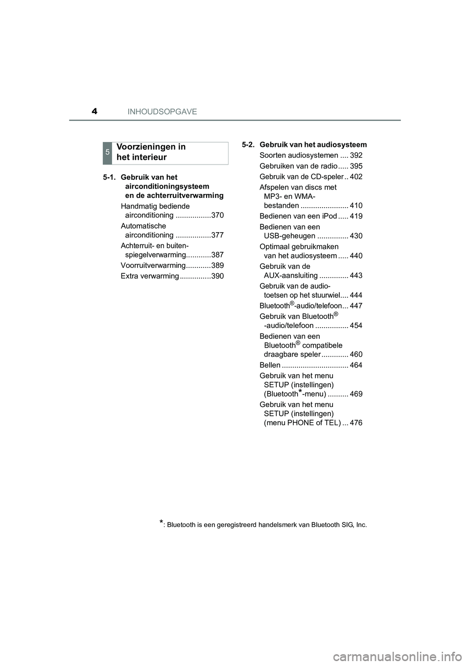 TOYOTA RAV4 2015 Instructieboekje (in Dutch) INHOUDSOPGAVE4
RAV4_OM_OM42A79E_(EE)5-1. Gebruik van het
airconditioningsysteem
en de achterruitverwarming
Handmatig bediende airconditioning .................370
Automatische airconditioning .... TOYOTA RAV4 2015 Instructieboekje (in Dutch) INHOUDSOPGAVE4
RAV4_OM_OM42A79E_(EE)5-1. Gebruik van het
airconditioningsysteem
en de achterruitverwarming
Handmatig bediende airconditioning .................370
Automatische airconditioning ....