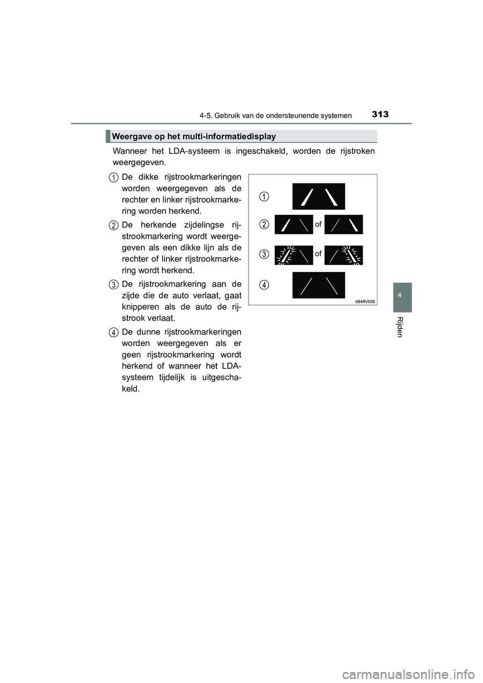 TOYOTA RAV4 2015 Instructieboekje (in Dutch) 3134-5. Gebruik van de ondersteunende systemen
4
Rijden
RAV4_OM_OM42A79E_(EE)
Wanneer het LDA-systeem is ingeschakeld, worden de rijstroken
weergegeven.
De dikke rijstrookmarkeringen
worden weergegeve TOYOTA RAV4 2015 Instructieboekje (in Dutch) 3134-5. Gebruik van de ondersteunende systemen
4
Rijden
RAV4_OM_OM42A79E_(EE)
Wanneer het LDA-systeem is ingeschakeld, worden de rijstroken
weergegeven.
De dikke rijstrookmarkeringen
worden weergegeve