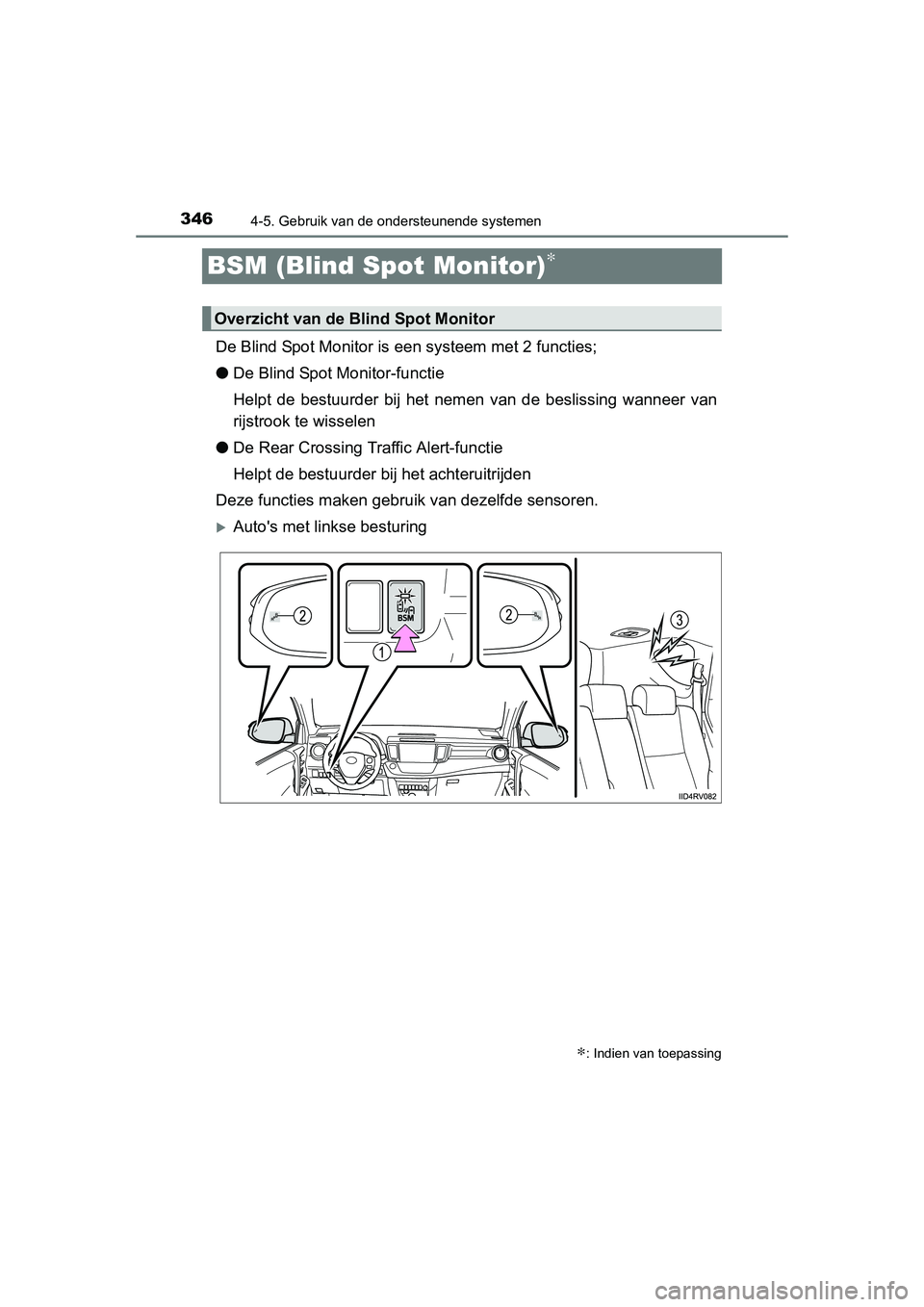 TOYOTA RAV4 2015  Instructieboekje (in Dutch) 3464-5. Gebruik van de ondersteunende systemen
RAV4_OM_OM42A79E_(EE)
BSM (Blind Spot Monitor)∗
De Blind Spot Monitor is een systeem met 2 functies;
● De Blind Spot Monitor-functie
Helpt de bestuur