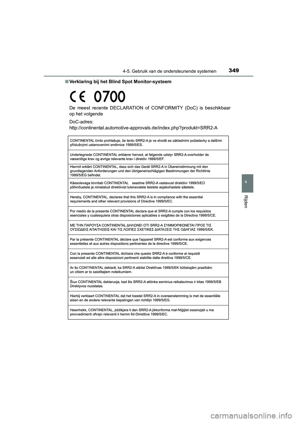 TOYOTA RAV4 2015  Instructieboekje (in Dutch) 3494-5. Gebruik van de ondersteunende systemen
4
Rijden
RAV4_OM_OM42A79E_(EE)■
Verklaring bij het Blind Spot Monitor-systeem
De meest recente DECLARATION of CONFORMITY (DoC) is beschikbaar
op het vo