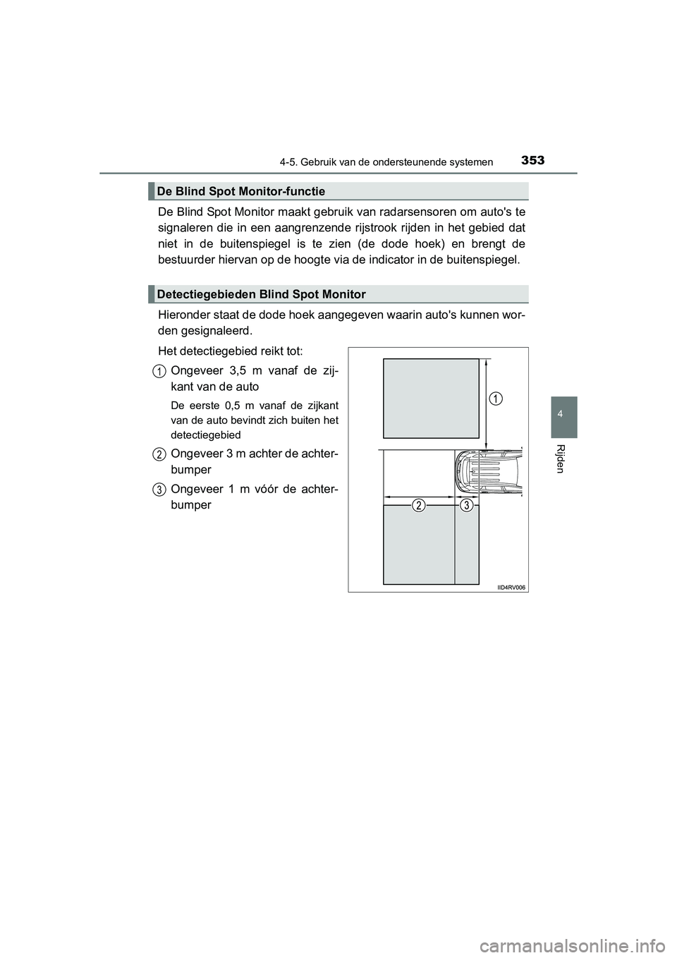 TOYOTA RAV4 2015 Instructieboekje (in Dutch) 3534-5. Gebruik van de ondersteunende systemen
4
Rijden
RAV4_OM_OM42A79E_(EE)
De Blind Spot Monitor maakt gebruik van radarsensoren om autos te
signaleren die in een aangrenzende rijstrook rijden in TOYOTA RAV4 2015 Instructieboekje (in Dutch) 3534-5. Gebruik van de ondersteunende systemen
4
Rijden
RAV4_OM_OM42A79E_(EE)
De Blind Spot Monitor maakt gebruik van radarsensoren om autos te
signaleren die in een aangrenzende rijstrook rijden in