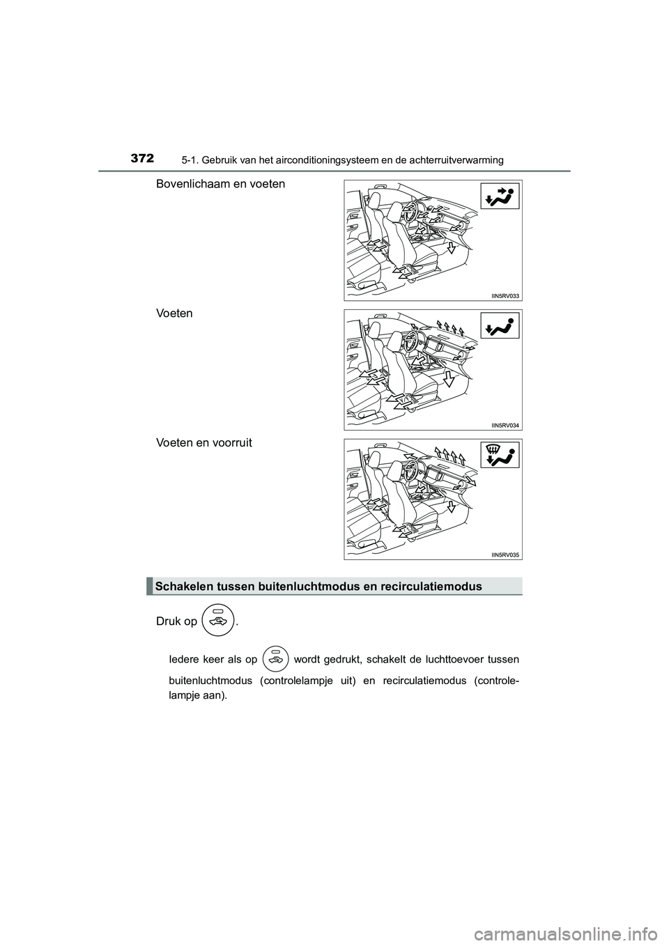 TOYOTA RAV4 2015 Instructieboekje (in Dutch) 3725-1. Gebruik van het airconditioningsysteem en de achterruitverwarming
RAV4_OM_OM42A79E_(EE)
Bovenlichaam en voeten
Vo e t e n
Voeten en voorruit
Druk op .
Iedere keer als op wordt gedrukt, scha TOYOTA RAV4 2015 Instructieboekje (in Dutch) 3725-1. Gebruik van het airconditioningsysteem en de achterruitverwarming
RAV4_OM_OM42A79E_(EE)
Bovenlichaam en voeten
Vo e t e n
Voeten en voorruit
Druk op .
Iedere keer als op wordt gedrukt, scha