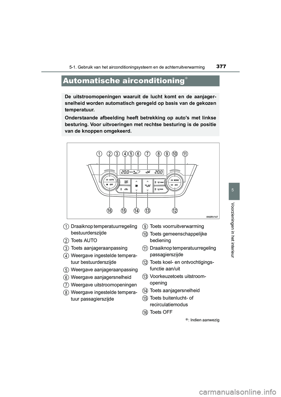 TOYOTA RAV4 2015 Instructieboekje (in Dutch) 377
5
5-1. Gebruik van het airconditioningsysteem en de achterruitverwarming
Voorzieningen in het interieur
RAV4_OM_OM42A79E_(EE)
Automatische airconditioning∗
∗: Indien aanwezig
De uitstroomopeni TOYOTA RAV4 2015 Instructieboekje (in Dutch) 377
5
5-1. Gebruik van het airconditioningsysteem en de achterruitverwarming
Voorzieningen in het interieur
RAV4_OM_OM42A79E_(EE)
Automatische airconditioning∗
∗: Indien aanwezig
De uitstroomopeni