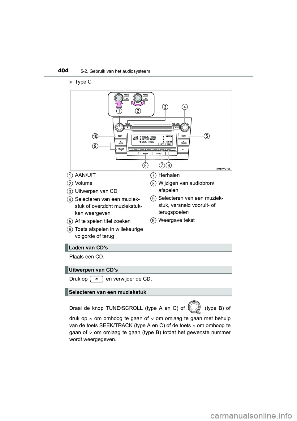 TOYOTA RAV4 2015 Instructieboekje (in Dutch) 4045-2. Gebruik van het audiosysteem
RAV4_OM_OM42A79E_(EE)
Ty p e C
Plaats een CD.
Druk op en verwijder de CD.
Draai de knop TUNE•SCROLL (type A en C) of (type B) of
druk op ∧ om omhoog t TOYOTA RAV4 2015 Instructieboekje (in Dutch) 4045-2. Gebruik van het audiosysteem
RAV4_OM_OM42A79E_(EE)
Ty p e C
Plaats een CD.
Druk op en verwijder de CD.
Draai de knop TUNE•SCROLL (type A en C) of (type B) of
druk op ∧ om omhoog t