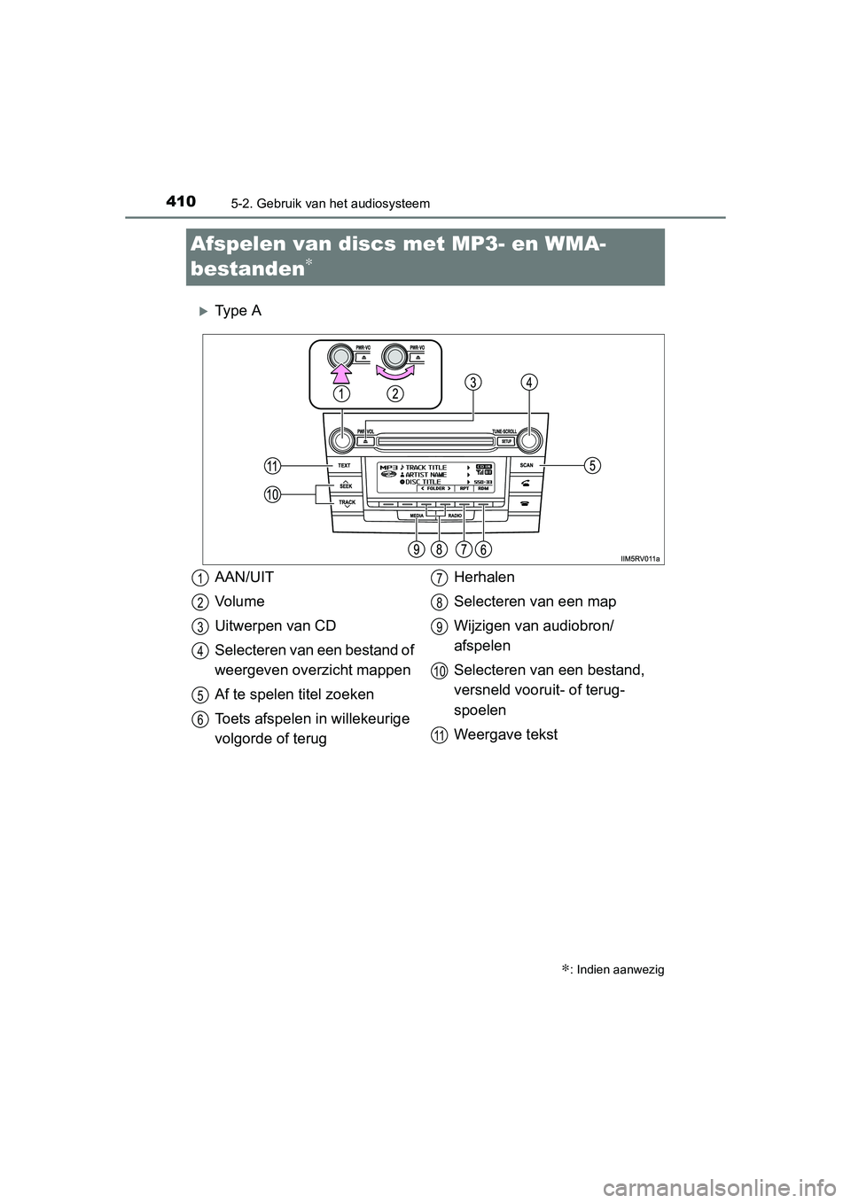 TOYOTA RAV4 2015 Instructieboekje (in Dutch) 4105-2. Gebruik van het audiosysteem
RAV4_OM_OM42A79E_(EE)
Afspelen van discs met MP3- en WMA-
bestanden
∗
Ty p e A
∗: Indien aanwezig
AAN/UIT
Vo l u m e
Uitwerpen van CD
Selecteren van een be TOYOTA RAV4 2015 Instructieboekje (in Dutch) 4105-2. Gebruik van het audiosysteem
RAV4_OM_OM42A79E_(EE)
Afspelen van discs met MP3- en WMA-
bestanden
∗
Ty p e A
∗: Indien aanwezig
AAN/UIT
Vo l u m e
Uitwerpen van CD
Selecteren van een be