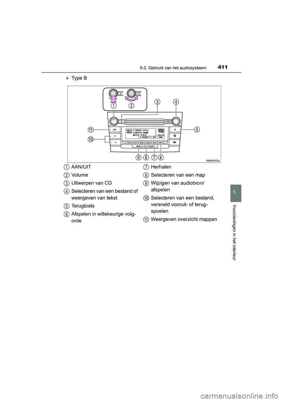 TOYOTA RAV4 2015  Instructieboekje (in Dutch) 4115-2. Gebruik van het audiosysteem
5
Voorzieningen in het interieur
RAV4_OM_OM42A79E_(EE)
Ty p e  B
AAN/UIT
Vo l u m e
Uitwerpen van CD
Selecteren van een bestand of 
weergeven van tekst
Terugtoe