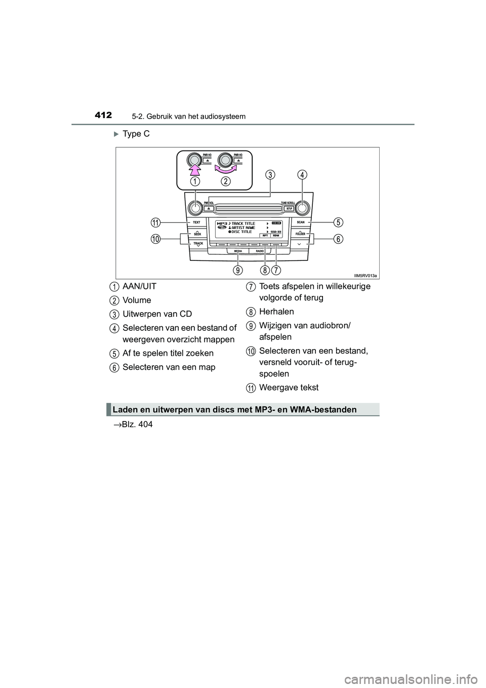 TOYOTA RAV4 2015  Instructieboekje (in Dutch) 4125-2. Gebruik van het audiosysteem
RAV4_OM_OM42A79E_(EE)
Ty p e  C
→ Blz. 404
AAN/UIT
Vo l u m e
Uitwerpen van CD
Selecteren van een bestand of 
weergeven overzicht mappen
Af te spelen titel zo