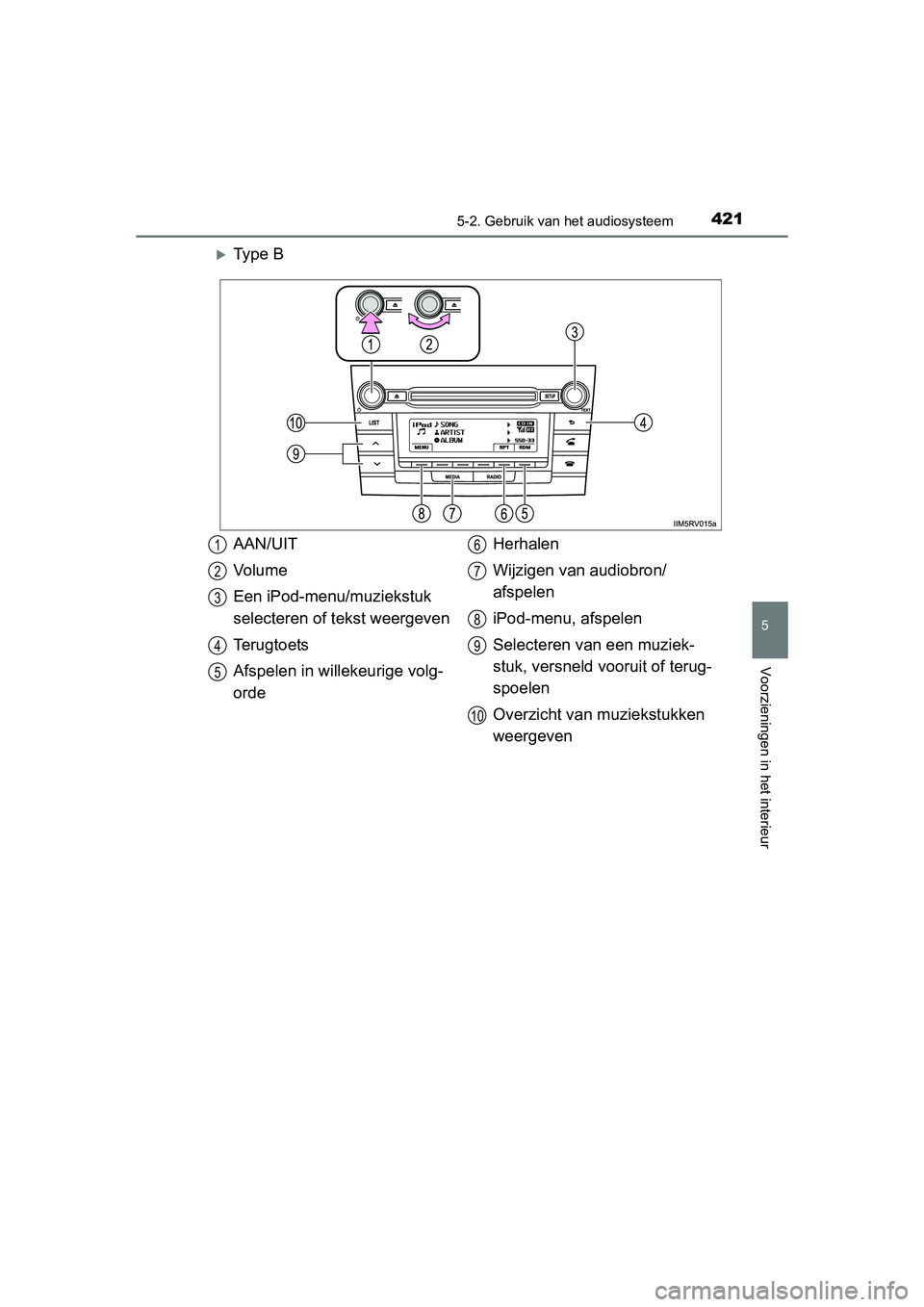 TOYOTA RAV4 2015 Instructieboekje (in Dutch) 4215-2. Gebruik van het audiosysteem
5
Voorzieningen in het interieur
RAV4_OM_OM42A79E_(EE)
Ty p e B
AAN/UIT
Vo l u m e
Een iPod-menu/muziekstuk
selecteren of tekst weergeven
Terugtoets
Afspelen TOYOTA RAV4 2015 Instructieboekje (in Dutch) 4215-2. Gebruik van het audiosysteem
5
Voorzieningen in het interieur
RAV4_OM_OM42A79E_(EE)
Ty p e B
AAN/UIT
Vo l u m e
Een iPod-menu/muziekstuk
selecteren of tekst weergeven
Terugtoets
Afspelen