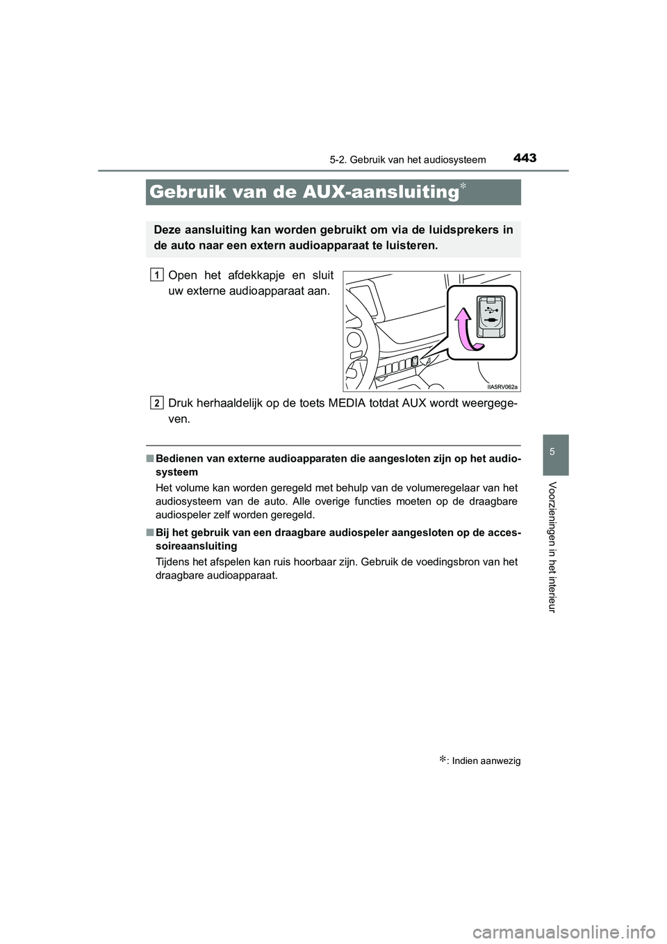 TOYOTA RAV4 2015 Instructieboekje (in Dutch) 443
5
5-2. Gebruik van het audiosysteem
Voorzieningen in het interieur
RAV4_OM_OM42A79E_(EE)
Gebruik van de AUX-aansluiting∗
Open het afdekkapje en sluit
uw externe audioapparaat aan.
Druk herhaalde TOYOTA RAV4 2015 Instructieboekje (in Dutch) 443
5
5-2. Gebruik van het audiosysteem
Voorzieningen in het interieur
RAV4_OM_OM42A79E_(EE)
Gebruik van de AUX-aansluiting∗
Open het afdekkapje en sluit
uw externe audioapparaat aan.
Druk herhaalde