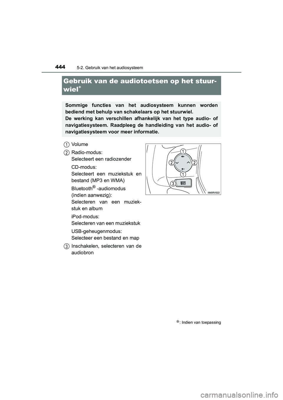 TOYOTA RAV4 2015 Instructieboekje (in Dutch) 4445-2. Gebruik van het audiosysteem
RAV4_OM_OM42A79E_(EE)
Gebruik van de audioto etsen op het stuur-
wiel
∗
Vo l u m e
Radio-modus:
Selecteert een radiozender
CD-modus:
Selecteert een muziekstuk en TOYOTA RAV4 2015 Instructieboekje (in Dutch) 4445-2. Gebruik van het audiosysteem
RAV4_OM_OM42A79E_(EE)
Gebruik van de audioto etsen op het stuur-
wiel
∗
Vo l u m e
Radio-modus:
Selecteert een radiozender
CD-modus:
Selecteert een muziekstuk en