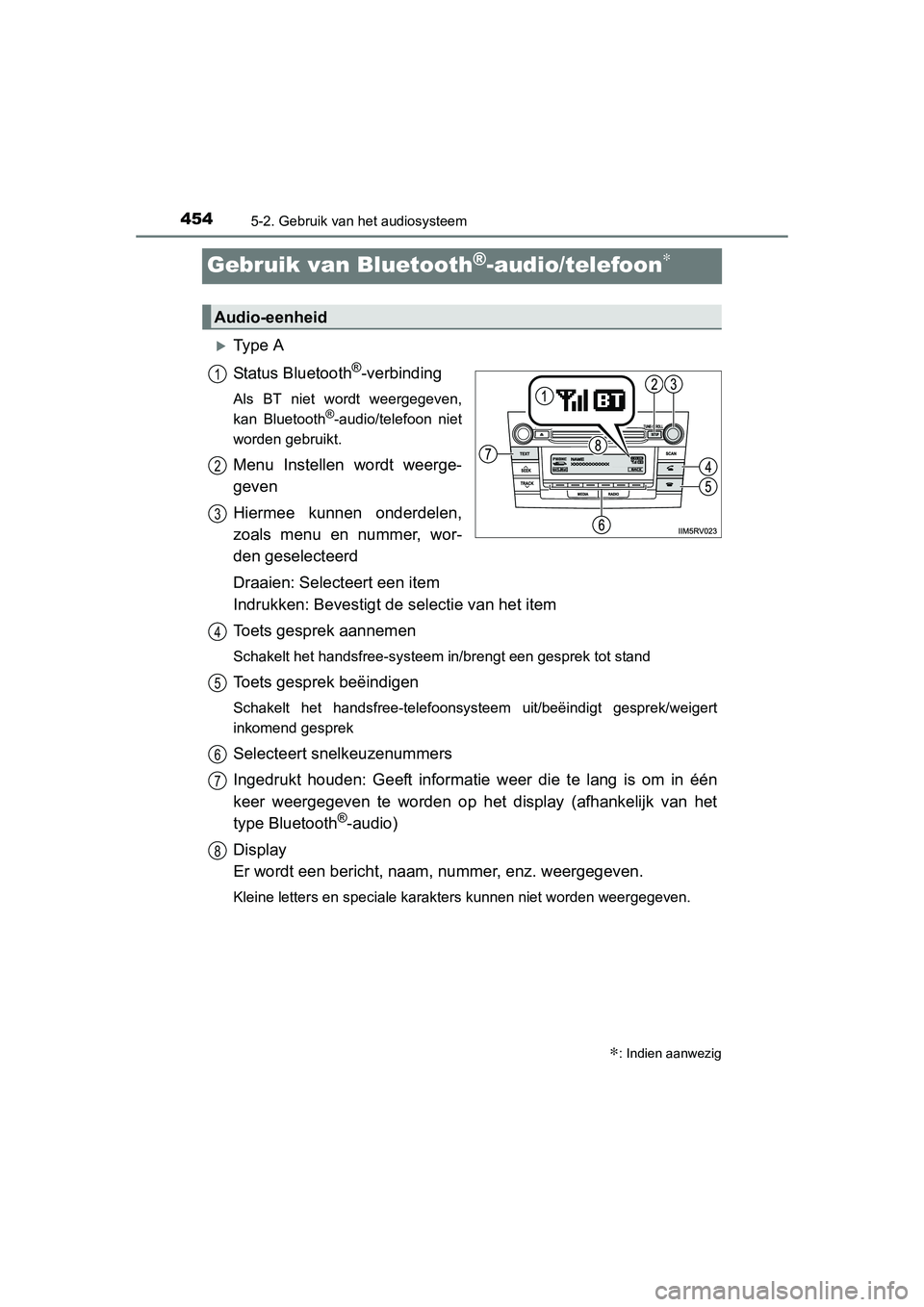 TOYOTA RAV4 2015 Instructieboekje (in Dutch) 4545-2. Gebruik van het audiosysteem
RAV4_OM_OM42A79E_(EE)
Gebruik van Bluetooth®-audio/telefoon∗
Ty p e A
Status Bluetooth
®-verbinding
Als BT niet wordt weergegeven,
kan Bluetooth®-audio/te TOYOTA RAV4 2015 Instructieboekje (in Dutch) 4545-2. Gebruik van het audiosysteem
RAV4_OM_OM42A79E_(EE)
Gebruik van Bluetooth®-audio/telefoon∗
Ty p e A
Status Bluetooth
®-verbinding
Als BT niet wordt weergegeven,
kan Bluetooth®-audio/te