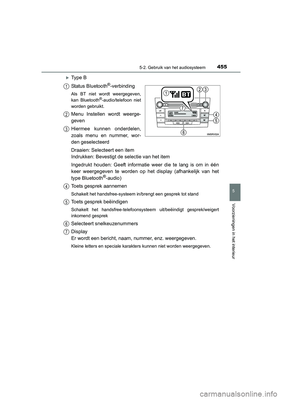 TOYOTA RAV4 2015 Instructieboekje (in Dutch) 4555-2. Gebruik van het audiosysteem
5
Voorzieningen in het interieur
RAV4_OM_OM42A79E_(EE)
Ty p e B
Status Bluetooth
®-verbinding
Als BT niet wordt weergegeven,
kan Bluetooth®-audio/telefoon ni TOYOTA RAV4 2015 Instructieboekje (in Dutch) 4555-2. Gebruik van het audiosysteem
5
Voorzieningen in het interieur
RAV4_OM_OM42A79E_(EE)
Ty p e B
Status Bluetooth
®-verbinding
Als BT niet wordt weergegeven,
kan Bluetooth®-audio/telefoon ni