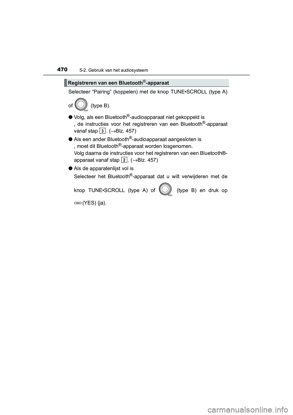 TOYOTA RAV4 2015 Instructieboekje (in Dutch) 4705-2. Gebruik van het audiosysteem
RAV4_OM_OM42A79E_(EE)
Selecteer “Pairing” (koppelen) met de knop TUNE•SCROLL (type A)
of (type B).
●Volg, als een Bluetooth
®-audioapparaat niet gekoppe TOYOTA RAV4 2015 Instructieboekje (in Dutch) 4705-2. Gebruik van het audiosysteem
RAV4_OM_OM42A79E_(EE)
Selecteer “Pairing” (koppelen) met de knop TUNE•SCROLL (type A)
of (type B).
●Volg, als een Bluetooth
®-audioapparaat niet gekoppe