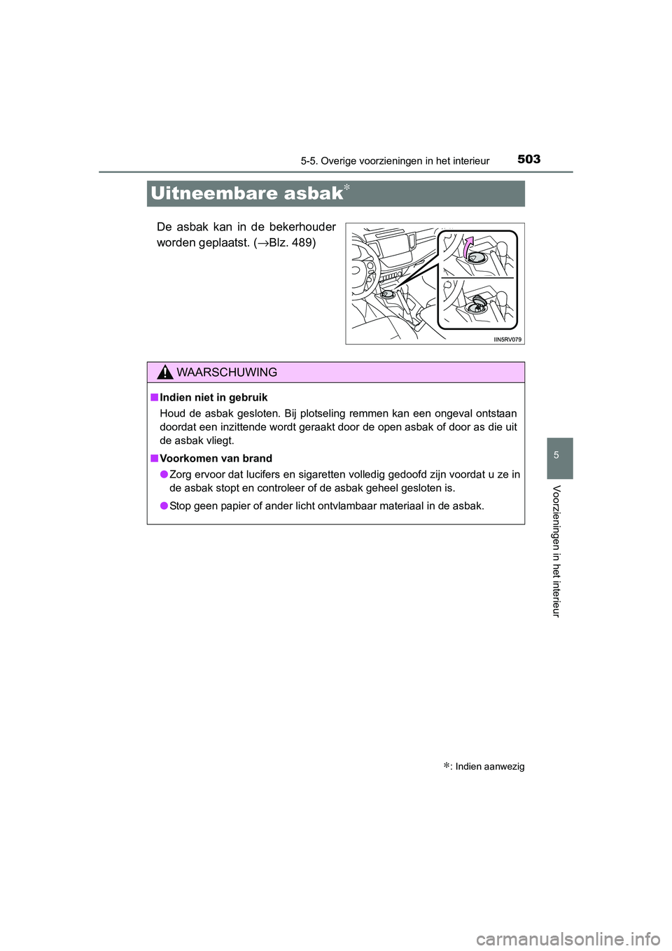 TOYOTA RAV4 2015  Instructieboekje (in Dutch) 503
5
5-5. Overige voorzieningen in het interieur
Voorzieningen in het interieur
RAV4_OM_OM42A79E_(EE)
Uitneembare asbak∗
De asbak kan in de bekerhouder
worden geplaatst. (→Blz. 489)
∗: Indien a