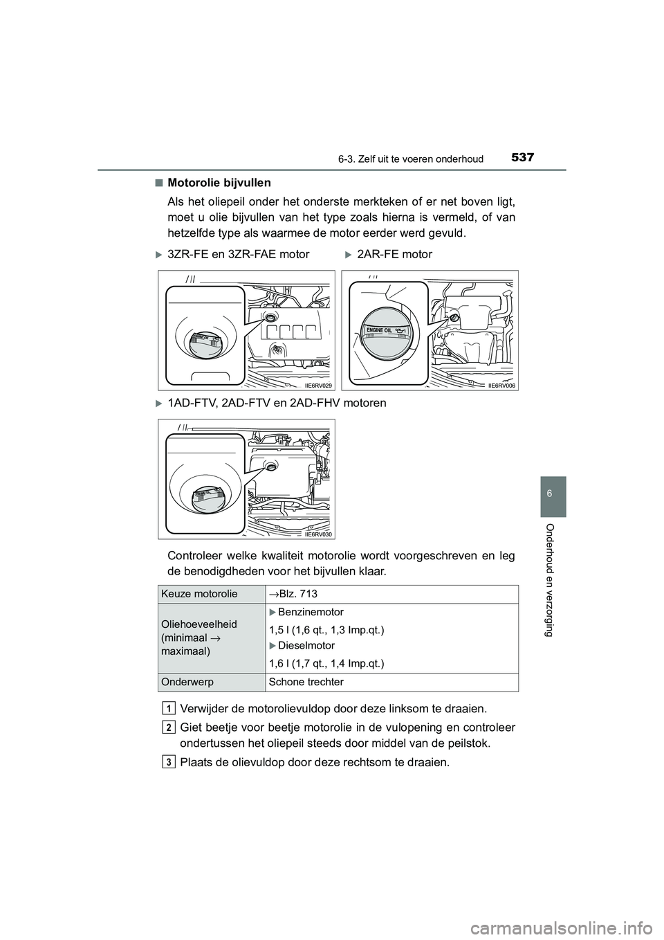 TOYOTA RAV4 2015 Instructieboekje (in Dutch) 5376-3. Zelf uit te voeren onderhoud
6
Onderhoud en verzorging
RAV4_OM_OM42A79E_(EE)■
Motorolie bijvullen
Als het oliepeil onder het onderste merkteken of er net boven ligt,
moet u olie bijvullen va TOYOTA RAV4 2015 Instructieboekje (in Dutch) 5376-3. Zelf uit te voeren onderhoud
6
Onderhoud en verzorging
RAV4_OM_OM42A79E_(EE)■
Motorolie bijvullen
Als het oliepeil onder het onderste merkteken of er net boven ligt,
moet u olie bijvullen va