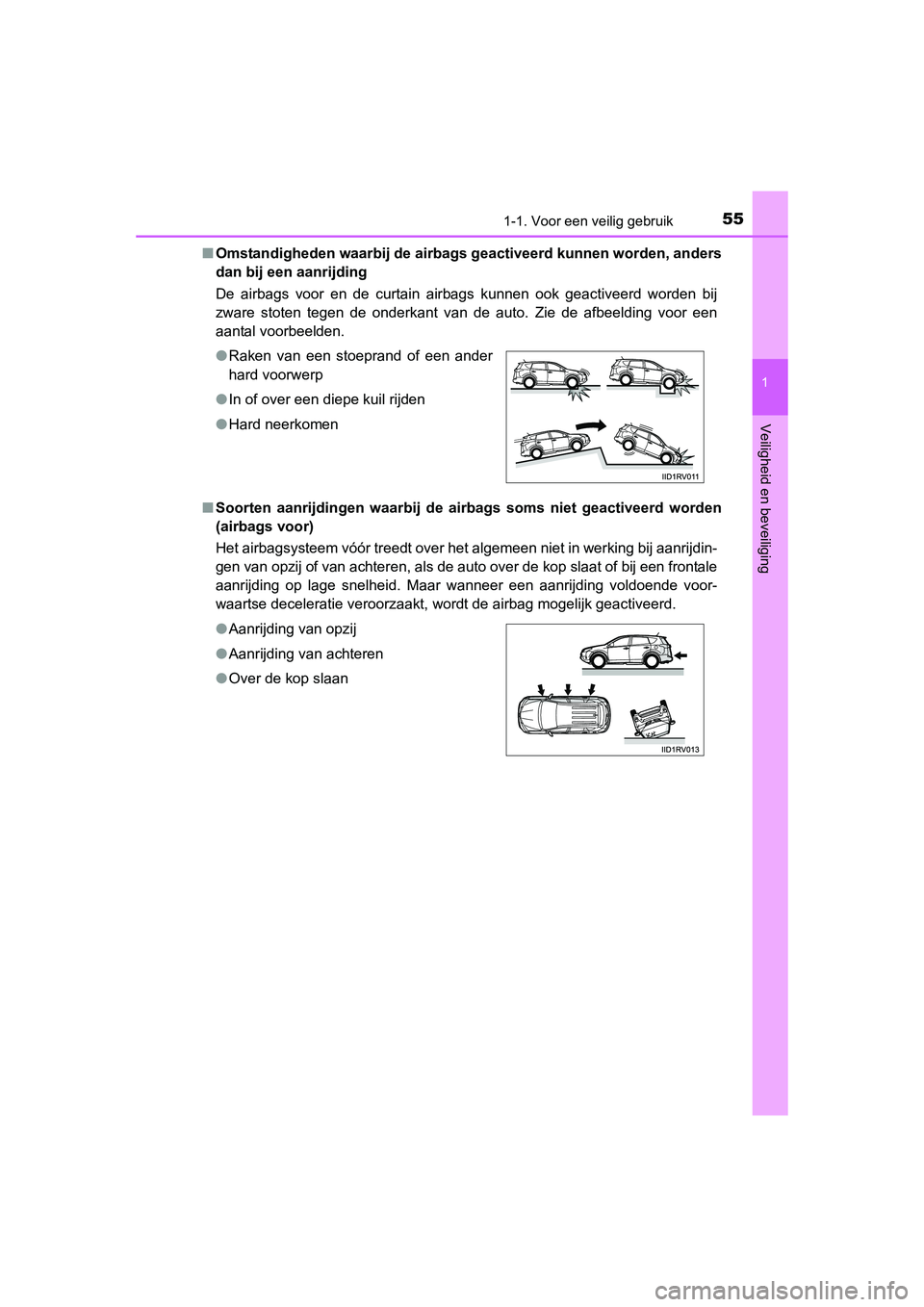 TOYOTA RAV4 2015 Instructieboekje (in Dutch) 551-1. Voor een veilig gebruik
1
RAV4_OM_OM42A79E_(EE)
Veiligheid en beveiliging
■Omstandigheden waarbij de airbags geactiveerd kunnen worden, anders
dan bij een aanrijding
De airbags voor en de cu TOYOTA RAV4 2015 Instructieboekje (in Dutch) 551-1. Voor een veilig gebruik
1
RAV4_OM_OM42A79E_(EE)
Veiligheid en beveiliging
■Omstandigheden waarbij de airbags geactiveerd kunnen worden, anders
dan bij een aanrijding
De airbags voor en de cu