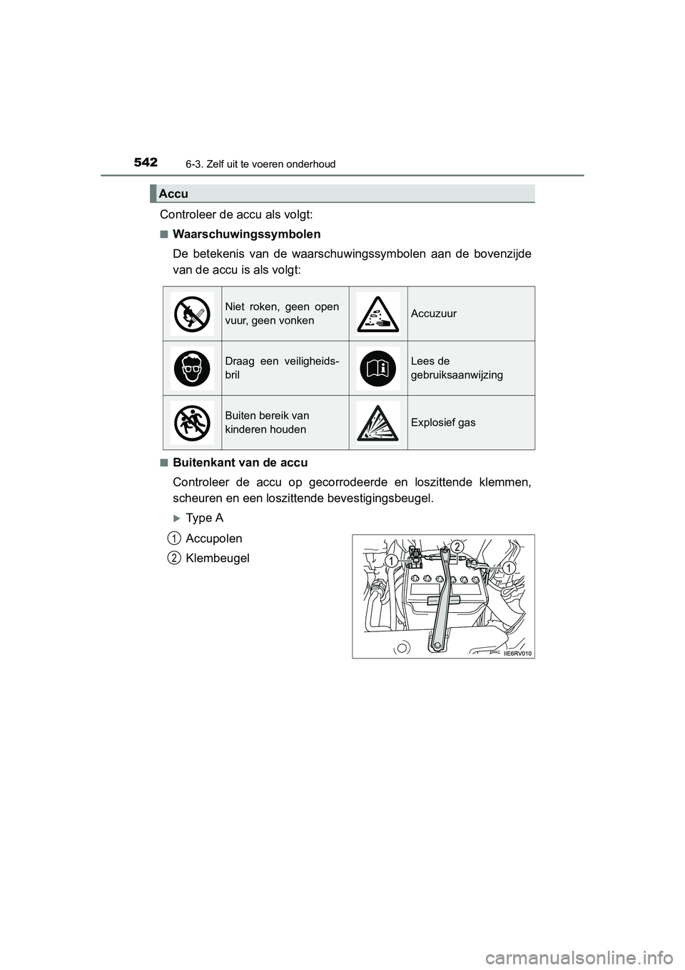 TOYOTA RAV4 2015 Instructieboekje (in Dutch) 5426-3. Zelf uit te voeren onderhoud
RAV4_OM_OM42A79E_(EE)
Controleer de accu als volgt:
■Waarschuwingssymbolen
De betekenis van de waarschuwingssymbolen aan de bovenzijde
van de accu is als volgt:
TOYOTA RAV4 2015 Instructieboekje (in Dutch) 5426-3. Zelf uit te voeren onderhoud
RAV4_OM_OM42A79E_(EE)
Controleer de accu als volgt:
■Waarschuwingssymbolen
De betekenis van de waarschuwingssymbolen aan de bovenzijde
van de accu is als volgt: