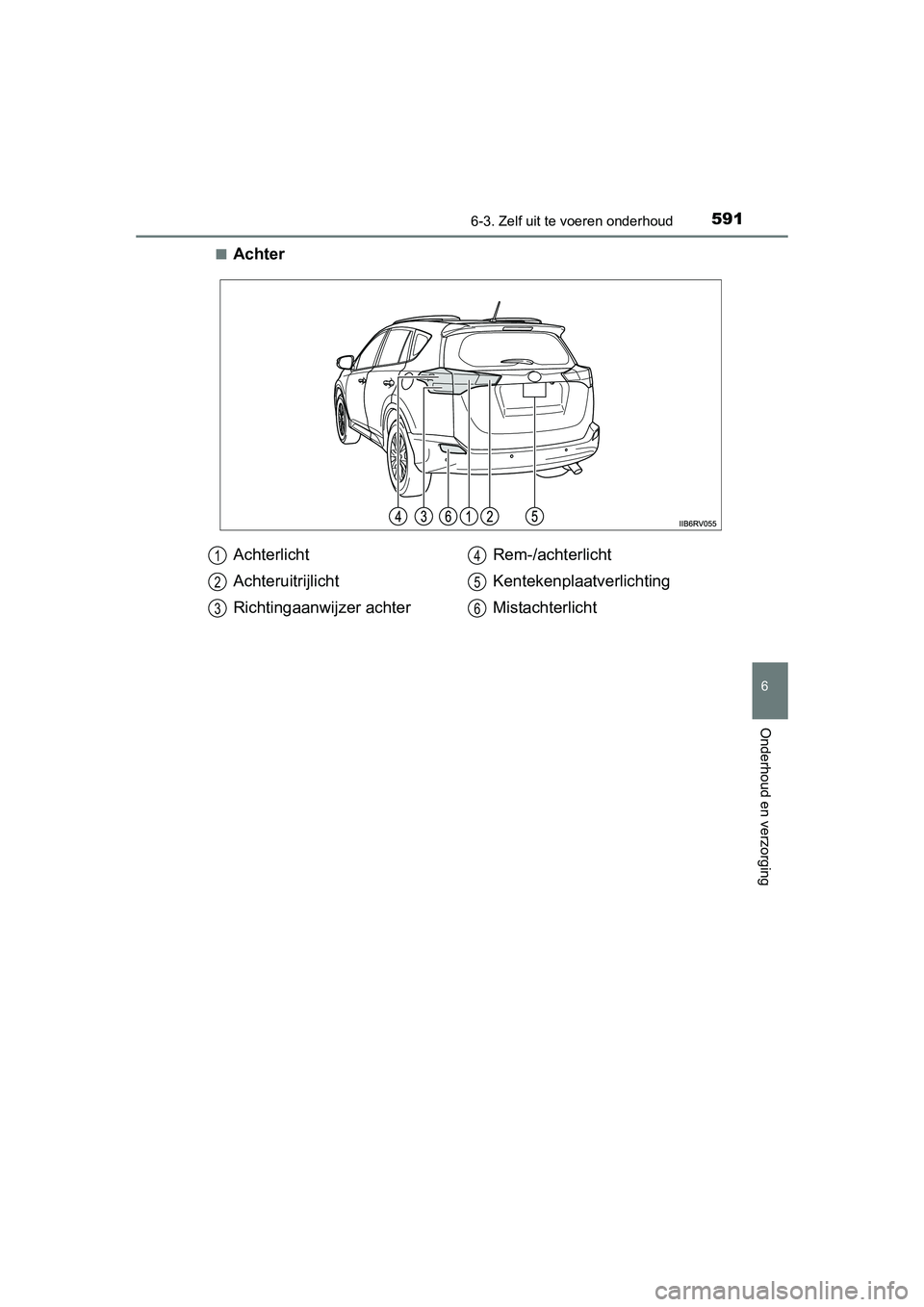TOYOTA RAV4 2015  Instructieboekje (in Dutch) 5916-3. Zelf uit te voeren onderhoud
6
Onderhoud en verzorging
RAV4_OM_OM42A79E_(EE)■
Achter
Achterlicht
Achteruitrijlicht
Richtingaanwijzer achter
Rem-/achterlicht
Kentekenplaatverlichting
Mistacht