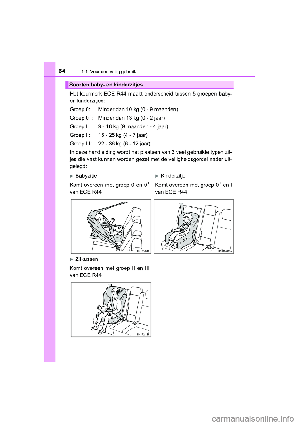 TOYOTA RAV4 2015 Instructieboekje (in Dutch) 641-1. Voor een veilig gebruik
RAV4_OM_OM42A79E_(EE)
Het keurmerk ECE R44 maakt onderscheid tussen 5 groepen baby-
en kinderzitjes:
Groep 0: Minder dan 10 kg (0 - 9 maanden)
Groep 0
+: Minder dan 13 TOYOTA RAV4 2015 Instructieboekje (in Dutch) 641-1. Voor een veilig gebruik
RAV4_OM_OM42A79E_(EE)
Het keurmerk ECE R44 maakt onderscheid tussen 5 groepen baby-
en kinderzitjes:
Groep 0: Minder dan 10 kg (0 - 9 maanden)
Groep 0
+: Minder dan 13