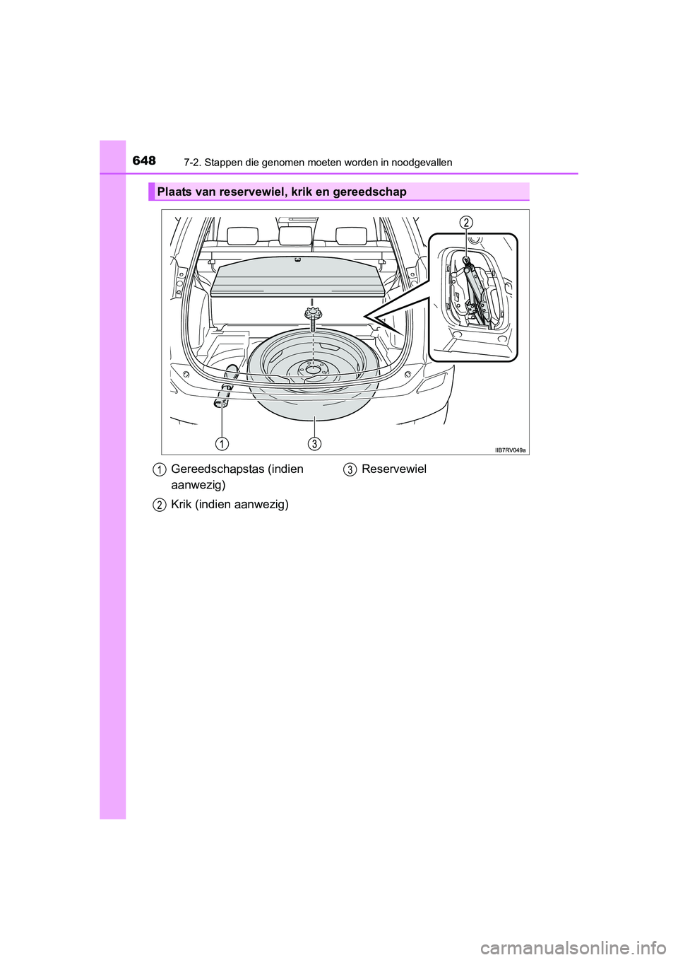 TOYOTA RAV4 2015 Instructieboekje (in Dutch) 6487-2. Stappen die genomen moeten worden in noodgevallen
RAV4_OM_OM42A79E_(EE)
Plaats van reservewiel, krik en gereedschap
Gereedschapstas (indien
aanwezig)
Krik (indien aanwezig)Reservewiel1
2
3
RA TOYOTA RAV4 2015 Instructieboekje (in Dutch) 6487-2. Stappen die genomen moeten worden in noodgevallen
RAV4_OM_OM42A79E_(EE)
Plaats van reservewiel, krik en gereedschap
Gereedschapstas (indien
aanwezig)
Krik (indien aanwezig)Reservewiel1
2
3
RA