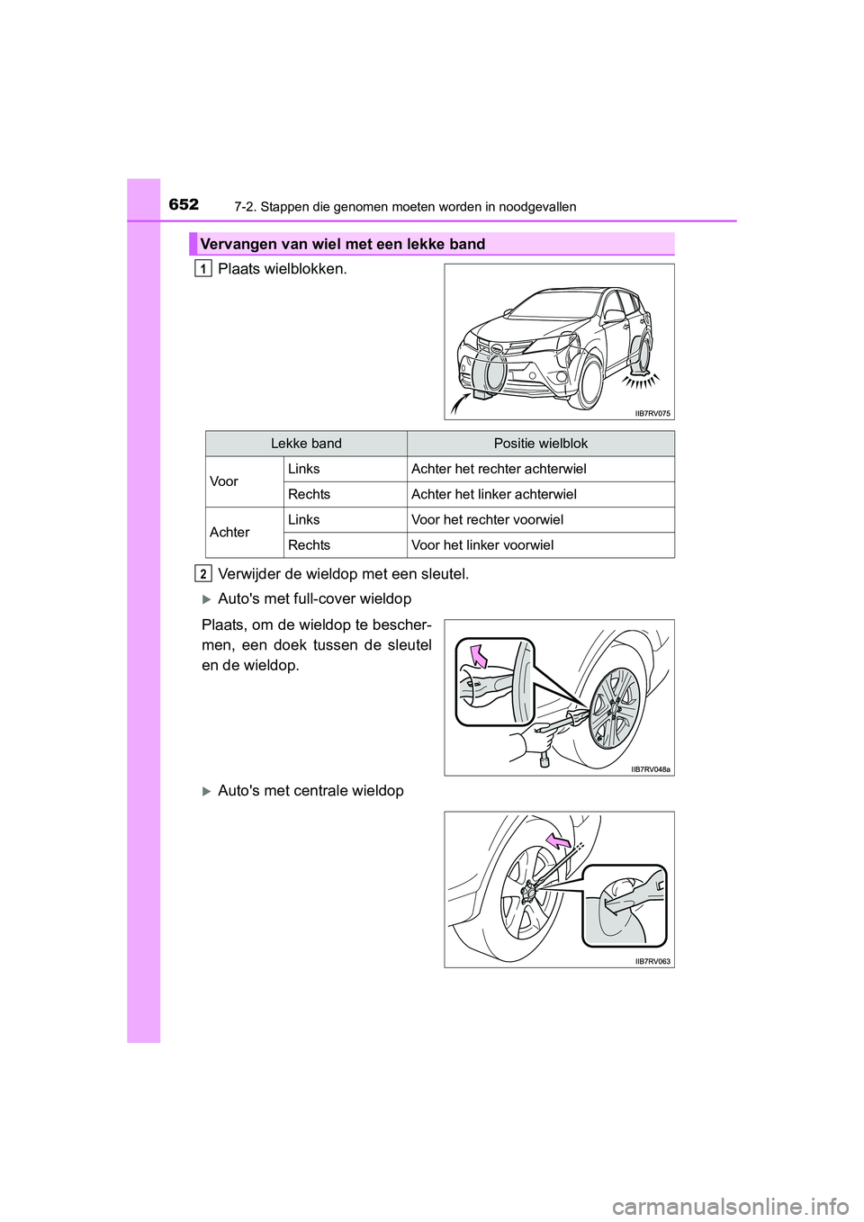 TOYOTA RAV4 2015 Instructieboekje (in Dutch) 6527-2. Stappen die genomen moeten worden in noodgevallen
RAV4_OM_OM42A79E_(EE)
Plaats wielblokken.
Verwijder de wieldop met een sleutel.
Autos met full-cover wieldop
Plaats, om de wieldop te besc TOYOTA RAV4 2015 Instructieboekje (in Dutch) 6527-2. Stappen die genomen moeten worden in noodgevallen
RAV4_OM_OM42A79E_(EE)
Plaats wielblokken.
Verwijder de wieldop met een sleutel.
Autos met full-cover wieldop
Plaats, om de wieldop te besc