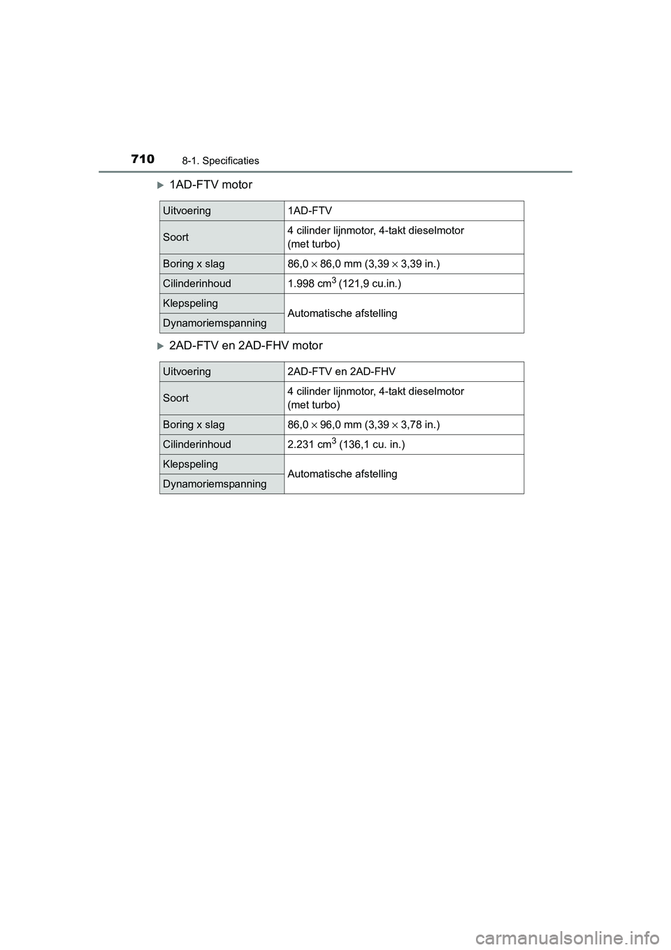 TOYOTA RAV4 2015  Instructieboekje (in Dutch) 7108-1. Specificaties
RAV4_OM_OM42A79E_(EE)
1AD-FTV motor
2AD-FTV en 2AD-FHV motor
Uitvoering1AD-FTV
Soort4 cilinder lijnmotor, 4-takt dieselmotor 
(met turbo)
Boring x slag86,0 × 86,0 mm (3,39