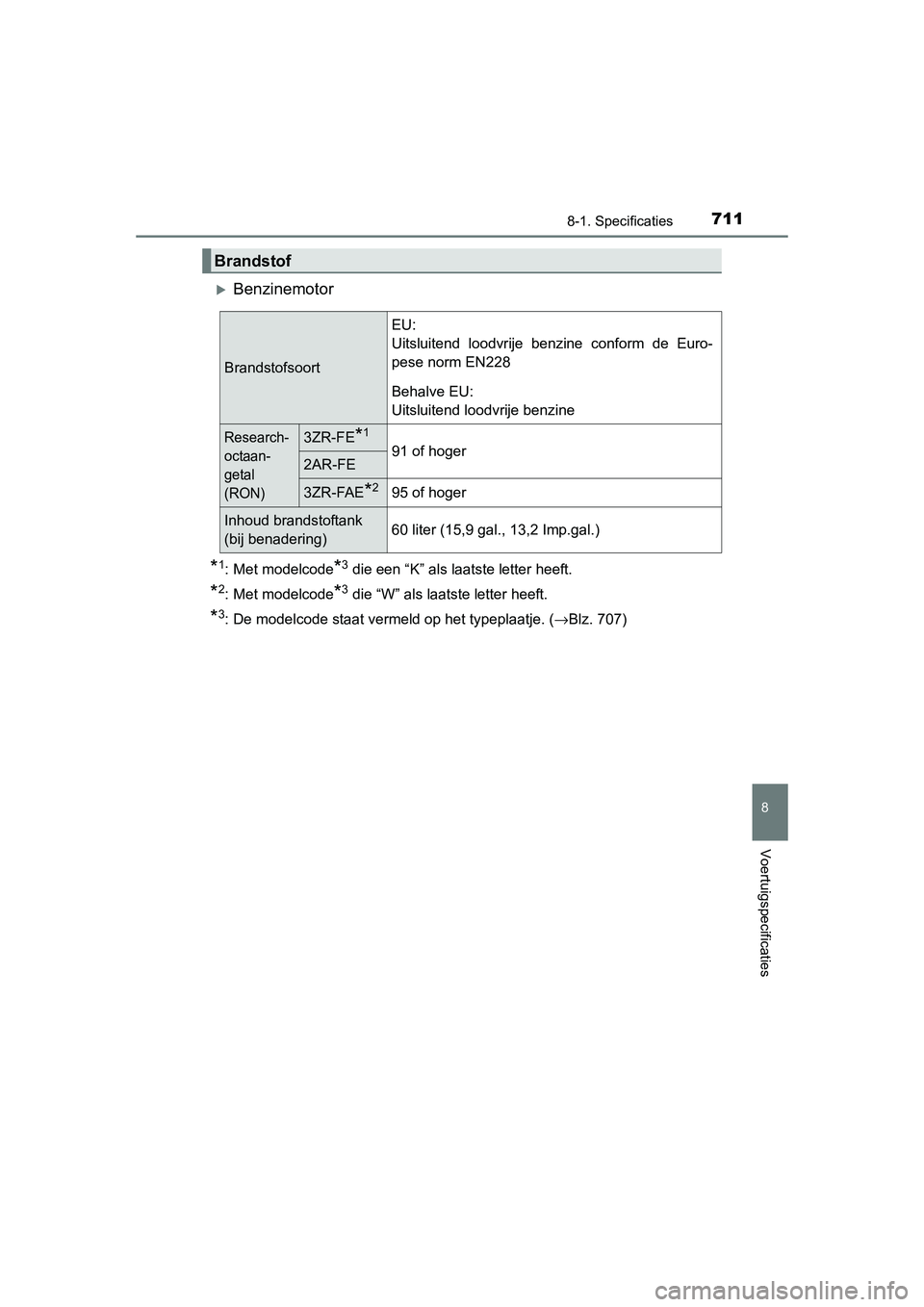 TOYOTA RAV4 2015  Instructieboekje (in Dutch) 711
8
8-1. Specificaties
Voertuigspecificaties
RAV4_OM_OM42A79E_(EE)
Benzinemotor
*1: Met modelcode*3 die een “K” als laatste letter heeft.
*2: Met modelcode*3 die “W” als laatste letter he