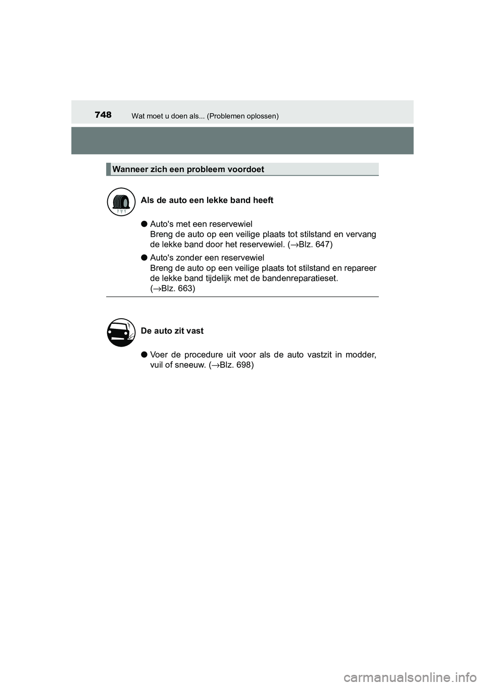 TOYOTA RAV4 2015 Instructieboekje (in Dutch) 748Wat moet u doen als... (Problemen oplossen)
RAV4_OM_OM42A79E_(EE)
●Autos met een reservewiel
Breng de auto op een veilige plaats tot stilstand en vervang
de lekke band door het reservewiel. ( TOYOTA RAV4 2015 Instructieboekje (in Dutch) 748Wat moet u doen als... (Problemen oplossen)
RAV4_OM_OM42A79E_(EE)
●Autos met een reservewiel
Breng de auto op een veilige plaats tot stilstand en vervang
de lekke band door het reservewiel. (