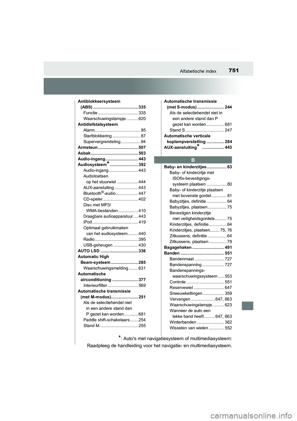 TOYOTA RAV4 2015 Instructieboekje (in Dutch) 751Alfabetische index
RAV4_OM_OM42A79E_(EE)
Antiblokkeersysteem (ABS) ...................................... 335
Functie .................................. 335
Waarschuwingslampje .......... 620
Antid TOYOTA RAV4 2015 Instructieboekje (in Dutch) 751Alfabetische index
RAV4_OM_OM42A79E_(EE)
Antiblokkeersysteem (ABS) ...................................... 335
Functie .................................. 335
Waarschuwingslampje .......... 620
Antid