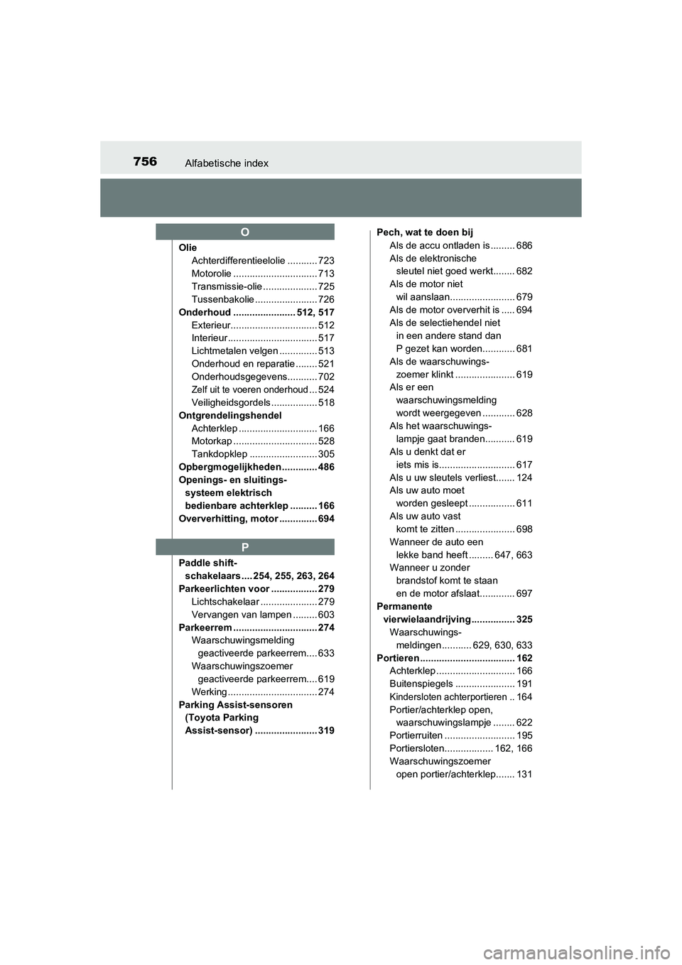 TOYOTA RAV4 2015 Instructieboekje (in Dutch) 756Alfabetische index
RAV4_OM_OM42A79E_(EE)
OlieAchterdifferentieelolie ........... 723
Motorolie ............................... 713
Transmissie-olie .................... 725
Tussenbakolie .......... TOYOTA RAV4 2015 Instructieboekje (in Dutch) 756Alfabetische index
RAV4_OM_OM42A79E_(EE)
OlieAchterdifferentieelolie ........... 723
Motorolie ............................... 713
Transmissie-olie .................... 725
Tussenbakolie ..........