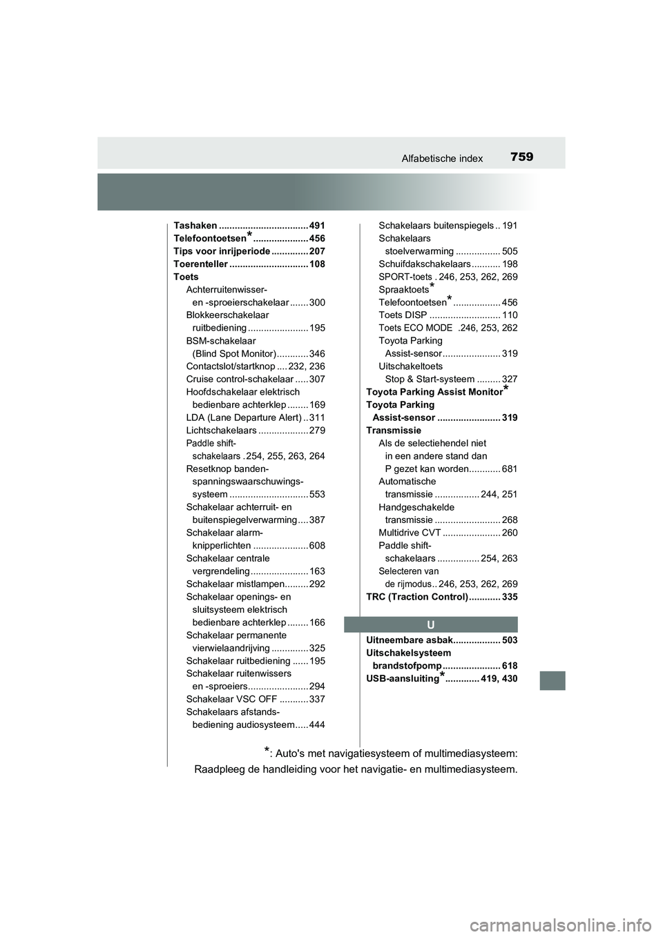 TOYOTA RAV4 2015  Instructieboekje (in Dutch) 759Alfabetische index
RAV4_OM_OM42A79E_(EE)
Tashaken .................................. 491
Telefoontoetsen
*..................... 456
Tips voor inrijperiode .............. 207
Toerenteller ..........