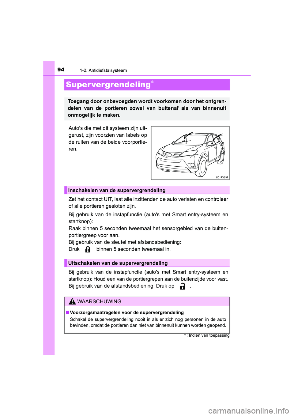 TOYOTA RAV4 2015 Instructieboekje (in Dutch) 941-2. Antidiefstalsysteem
RAV4_OM_OM42A79E_(EE)
Super vergrendeling∗
Autos die met dit systeem zijn uit-
gerust, zijn voorzien van labels op
de ruiten van de beide voorportie-
ren.
Zet het contact TOYOTA RAV4 2015 Instructieboekje (in Dutch) 941-2. Antidiefstalsysteem
RAV4_OM_OM42A79E_(EE)
Super vergrendeling∗
Autos die met dit systeem zijn uit-
gerust, zijn voorzien van labels op
de ruiten van de beide voorportie-
ren.
Zet het contact