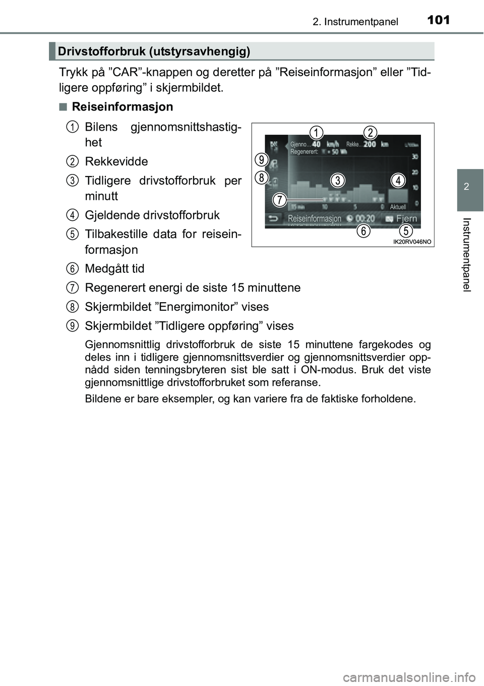 TOYOTA RAV4 HYBRID 2016 Instruksjoner for bruk (in Norwegian) 1012. Instrumentpanel
2
Instrumentpanel
Trykk på ”CAR”-knappen og deretter på ”Reiseinformasjon” eller ”Tid-
ligere oppføring” i skjermbildet.
■Reiseinformasjon
Bilens gjennomsnittsha TOYOTA RAV4 HYBRID 2016 Instruksjoner for bruk (in Norwegian) 1012. Instrumentpanel
2
Instrumentpanel
Trykk på ”CAR”-knappen og deretter på ”Reiseinformasjon” eller ”Tid-
ligere oppføring” i skjermbildet.
■Reiseinformasjon
Bilens gjennomsnittsha