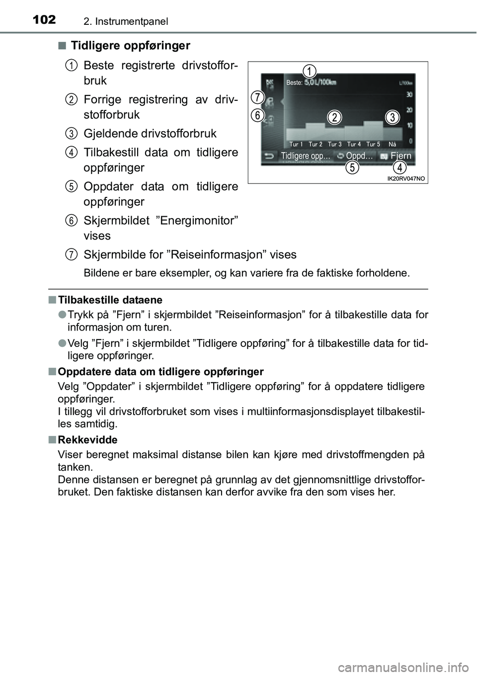 TOYOTA RAV4 HYBRID 2016  Instruksjoner for bruk (in Norwegian) 1022. Instrumentpanel
■Tidligere oppføringer
Beste registrerte drivstoffor-
bruk
Forrige registrering av driv-
stofforbruk
Gjeldende drivstofforbruk
Tilbakestill data om tidligere
oppføringer
Oppd