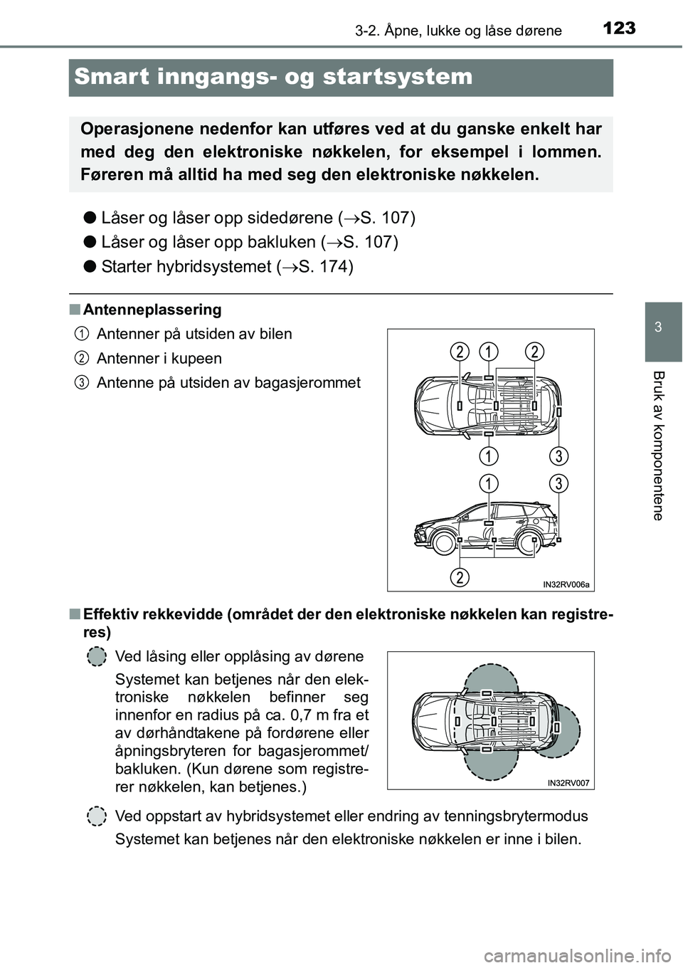 TOYOTA RAV4 2015 Instruksjoner for bruk (in Norwegian) 123
3
3-2. Åpne, lukke og låse dørene
Bruk av komponentene
Smart inngangs- og star tsystem
●Låser og låser opp sidedørene (→S. 107)
●Låser og låser opp bakluken (→S. 107)
●Starter hy TOYOTA RAV4 2015 Instruksjoner for bruk (in Norwegian) 123
3
3-2. Åpne, lukke og låse dørene
Bruk av komponentene
Smart inngangs- og star tsystem
●Låser og låser opp sidedørene (→S. 107)
●Låser og låser opp bakluken (→S. 107)
●Starter hy