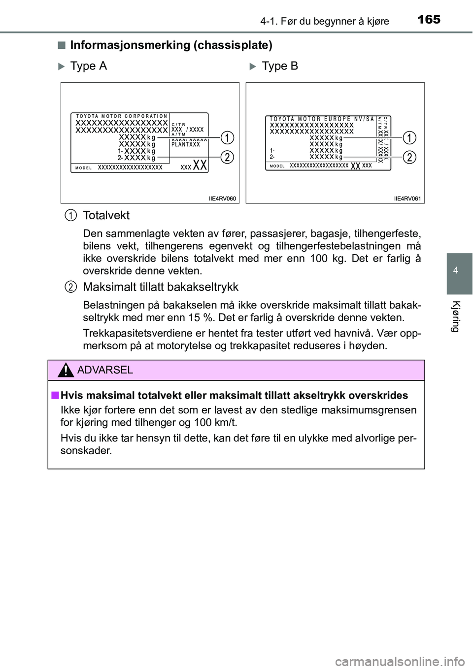 TOYOTA RAV4 HYBRID 2016 Instruksjoner for bruk (in Norwegian) 1654-1. Før du begynner å kjøre
4
Kjøring
■Informasjonsmerking (chassisplate)
To t a l v e k t
Den sammenlagte vekten av fører, passasjerer, bagasje, tilhengerfeste,
bilens vekt, tilhengerens e TOYOTA RAV4 HYBRID 2016 Instruksjoner for bruk (in Norwegian) 1654-1. Før du begynner å kjøre
4
Kjøring
■Informasjonsmerking (chassisplate)
To t a l v e k t
Den sammenlagte vekten av fører, passasjerer, bagasje, tilhengerfeste,
bilens vekt, tilhengerens e