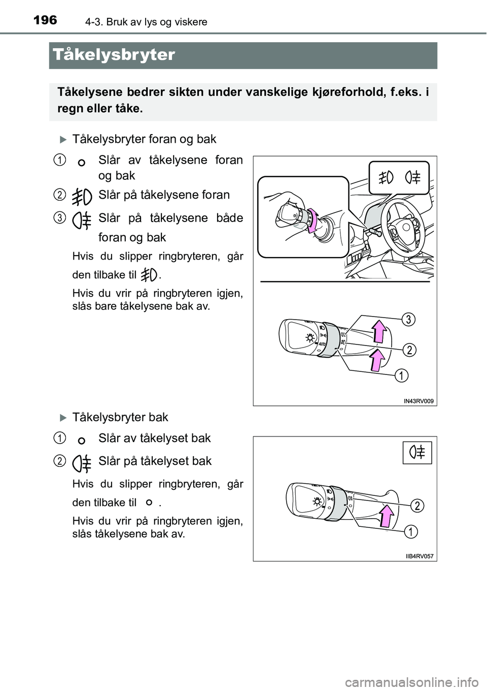 TOYOTA RAV4 HYBRID 2016  Instruksjoner for bruk (in Norwegian) 1964-3. Bruk av lys og viskere
Tå ke l y s b r y t e r
�XTåkelysbryter foran og bak
Slår av tåkelysene foran
og bak
Slår på tåkelysene foran
Slår på tåkelysene både
foran og bak
Hvis du sli