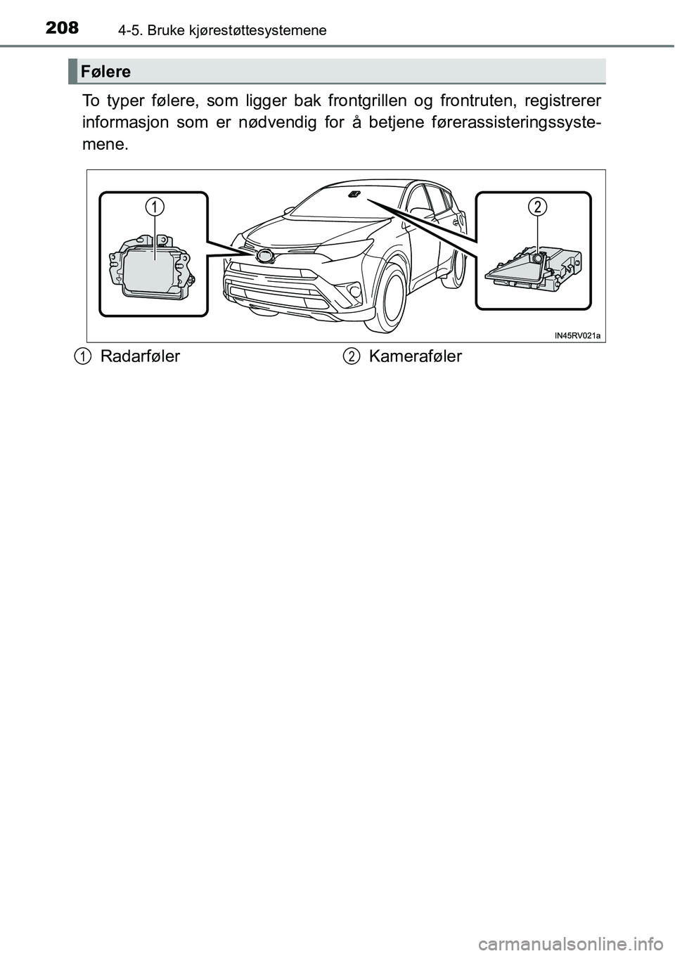 TOYOTA RAV4 HYBRID 2016 Instruksjoner for bruk (in Norwegian) 2084-5. Bruke kjørestøttesystemene
To typer følere, som ligger bak frontgrillen og frontruten, registrerer
informasjon som er nødvendig for å betjene førerassisteringssyste-
mene.
Følere
Radarf TOYOTA RAV4 HYBRID 2016 Instruksjoner for bruk (in Norwegian) 2084-5. Bruke kjørestøttesystemene
To typer følere, som ligger bak frontgrillen og frontruten, registrerer
informasjon som er nødvendig for å betjene førerassisteringssyste-
mene.
Følere
Radarf