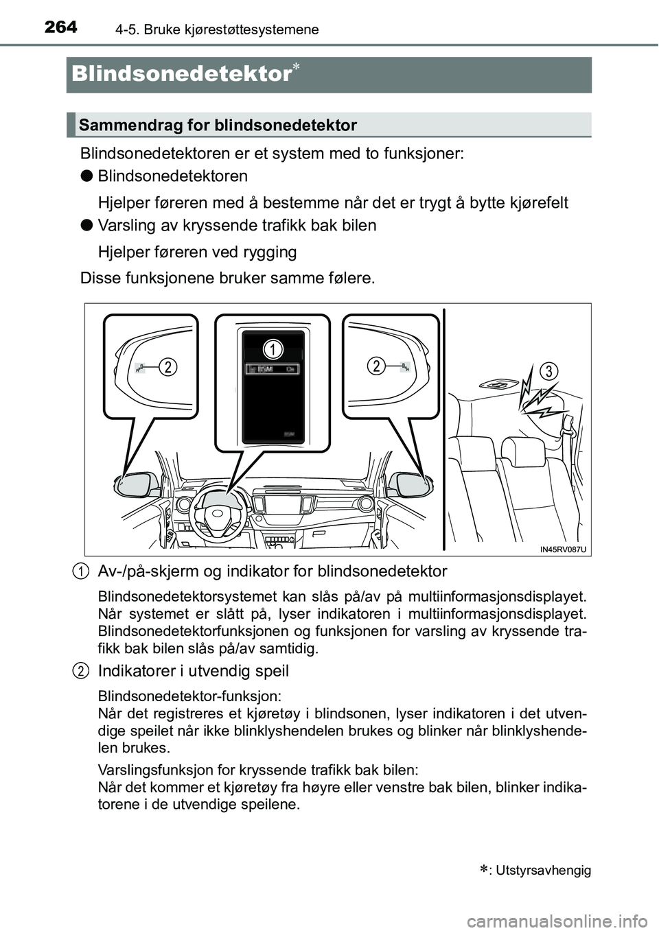 TOYOTA RAV4 2015 Instruksjoner for bruk (in Norwegian) 2644-5. Bruke kjørestøttesystemene
Blindsonedetektor∗
Blindsonedetektoren er et system med to funksjoner:
●Blindsonedetektoren
Hjelper føreren med å bestemme når det er trygt å bytte kjøref TOYOTA RAV4 2015 Instruksjoner for bruk (in Norwegian) 2644-5. Bruke kjørestøttesystemene
Blindsonedetektor∗
Blindsonedetektoren er et system med to funksjoner:
●Blindsonedetektoren
Hjelper føreren med å bestemme når det er trygt å bytte kjøref